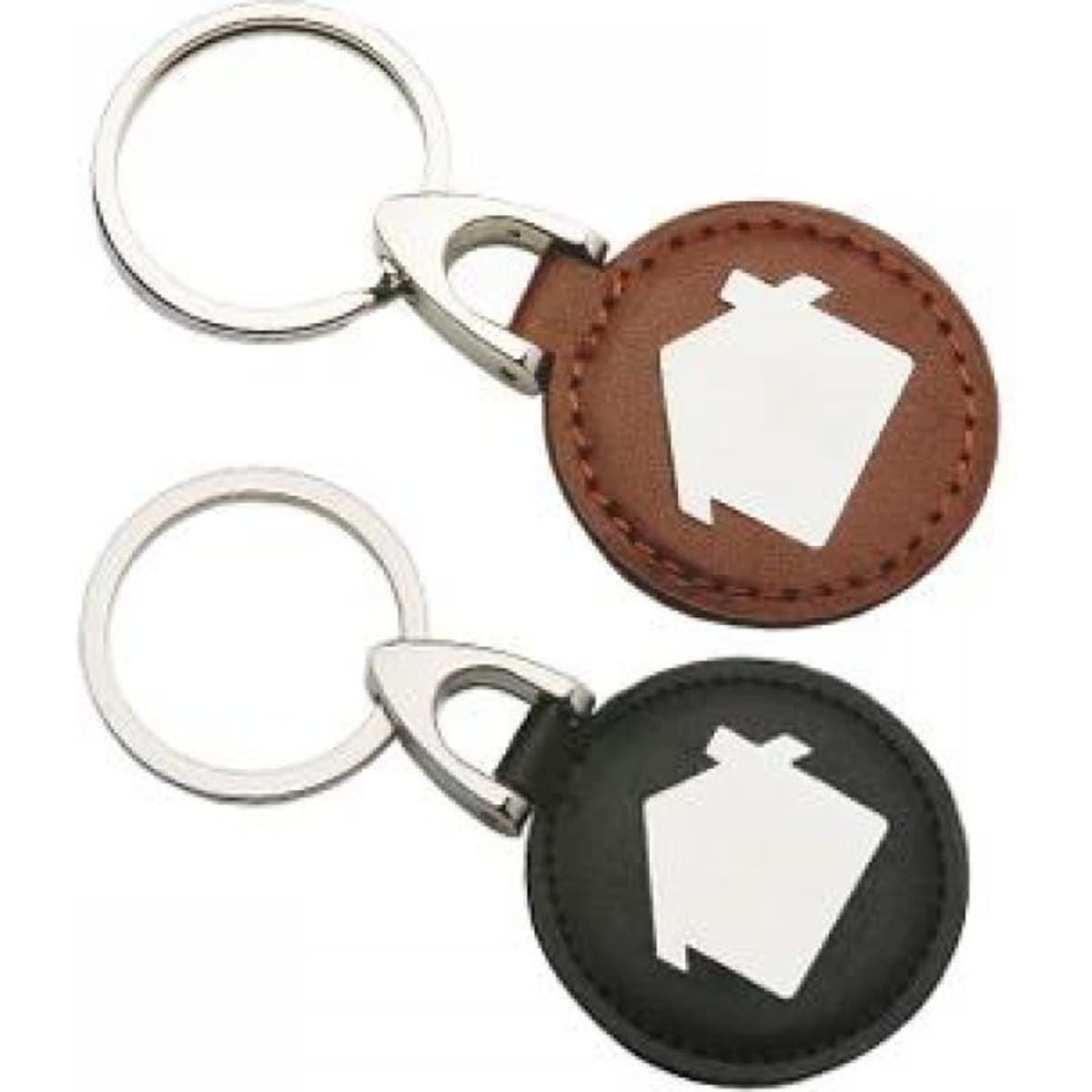 Leather and metal key rings in brown and black, featuring circular designs with metallic accents and a logo.