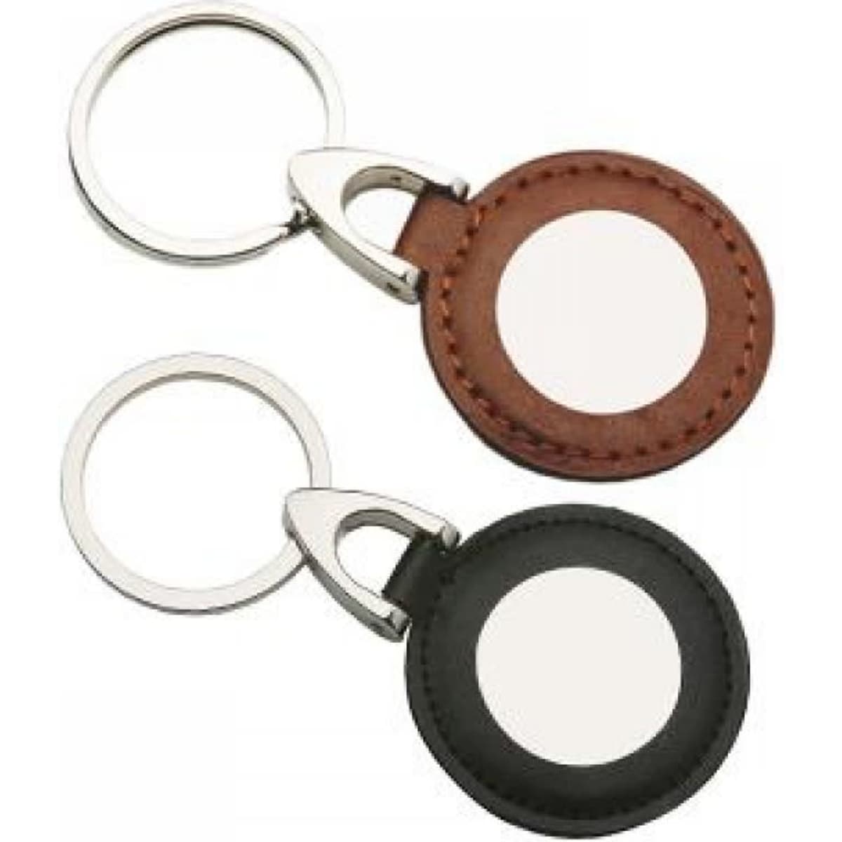 Leather and metal key rings in brown and black, featuring circular designs and a silver keyring attachment.