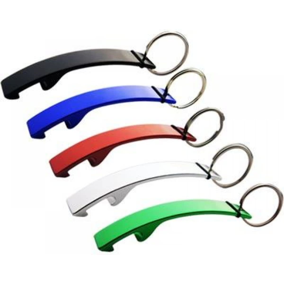 A drink bottle opener featuring five colours: black, blue, red, white, and green, each with a keyring attached.