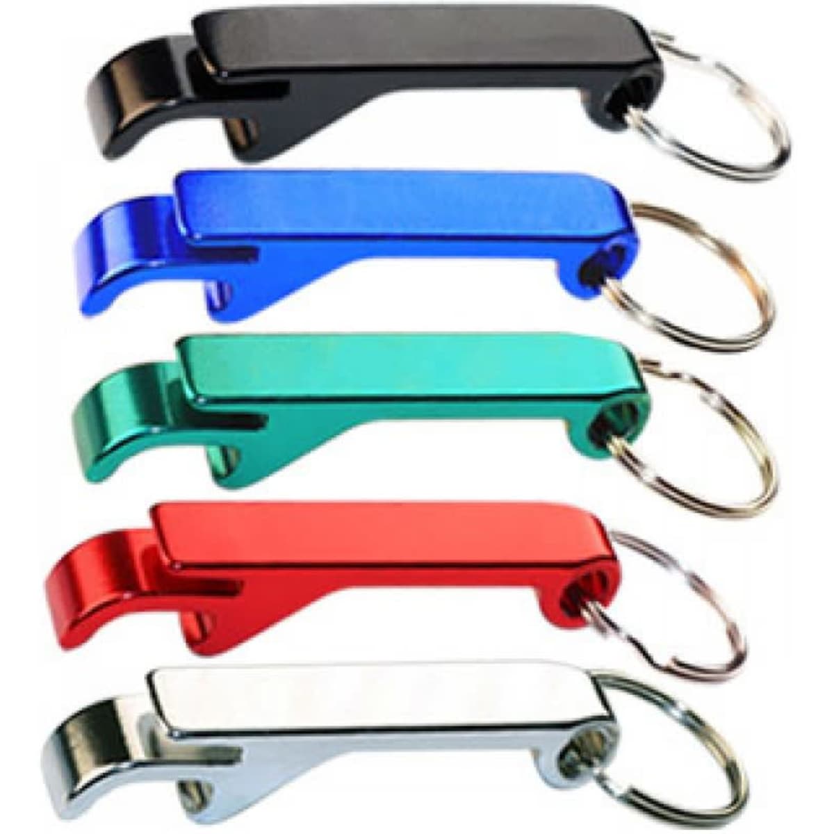 A drink bottle opener in five colours: black, blue, green, red, and silver, each with a keyring attachment.