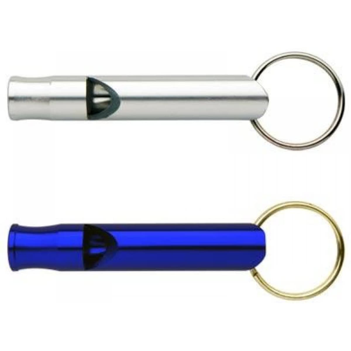 A silver and blue whistle key ring, featuring a metal body and a key ring attachment.