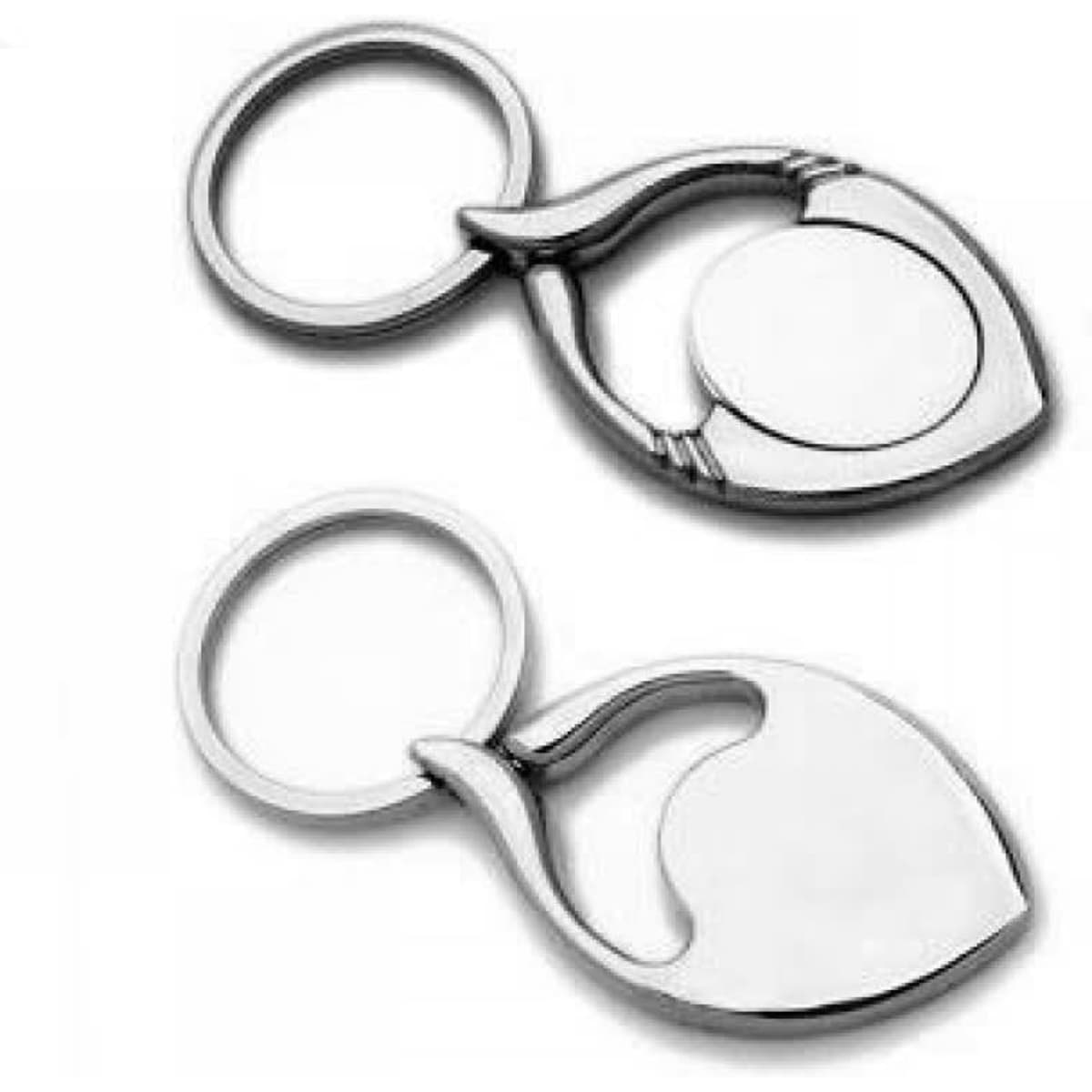 Two shiny metal key rings in a heart shape, one with a solid centre and the other with an outline.