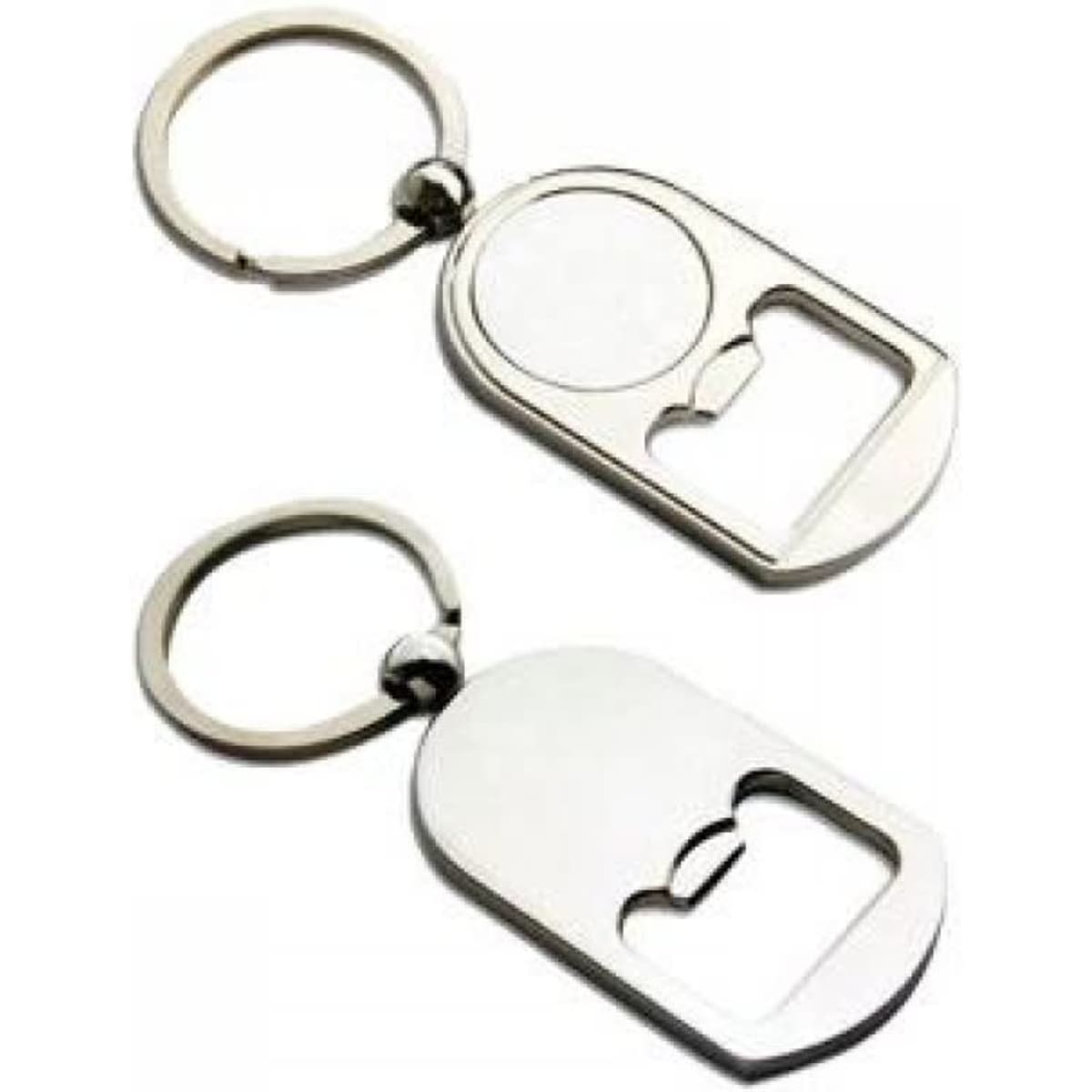 Two metal key rings in a silver finish, featuring a bottle opener design and attached keychains. One has a round shape, and the other is oval.
