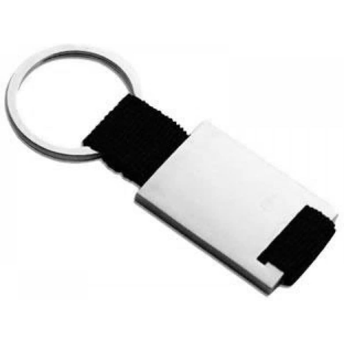 A metallic key ring featuring a sleek silver design with a black fabric strap attached.