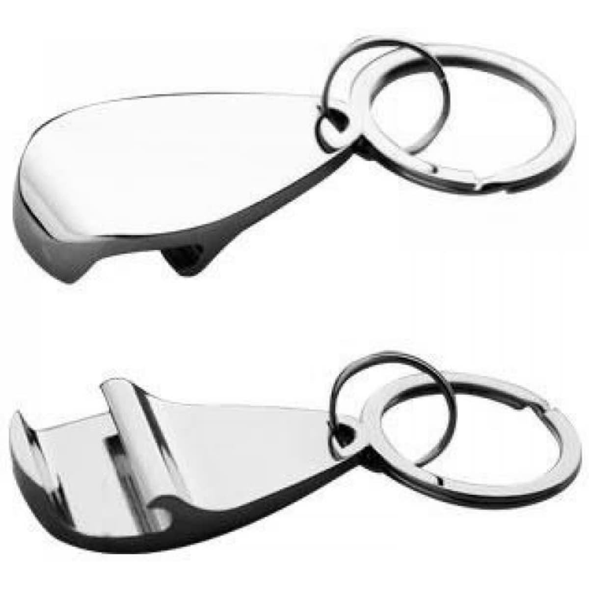 A metallic key ring in a sleek design, featuring a bottle opener attached to a keychain. Shiny silver finish.