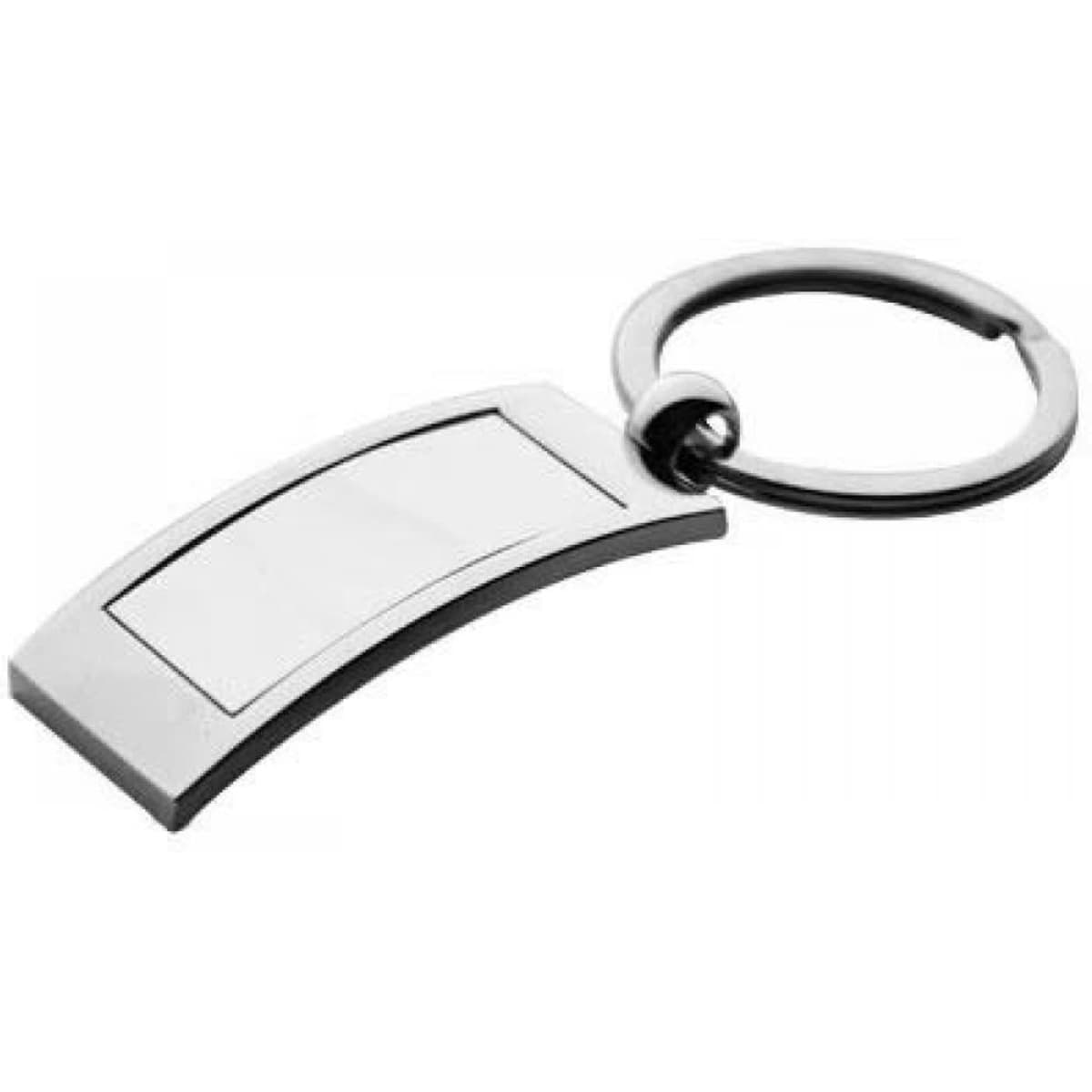 A metallic key ring with a curved design and a blank section for custom engraving. The finish is shiny silver.