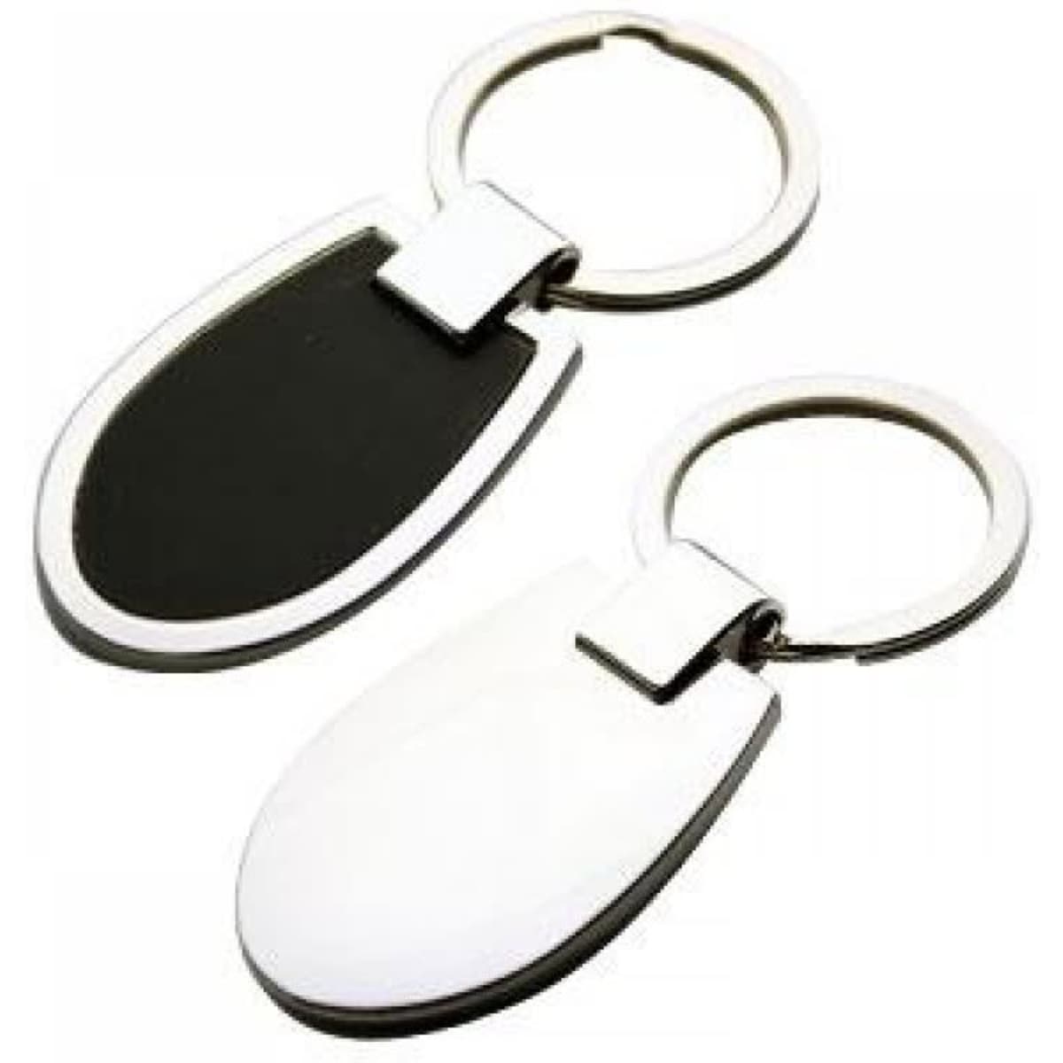 Two metal key rings, one with a black surface and the other with a white surface, featuring a circular attachment.