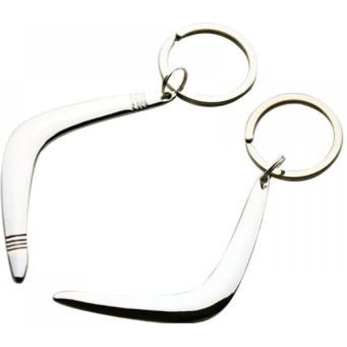 Metal key rings in a silver finish, featuring a unique boomerang design with a smooth surface.