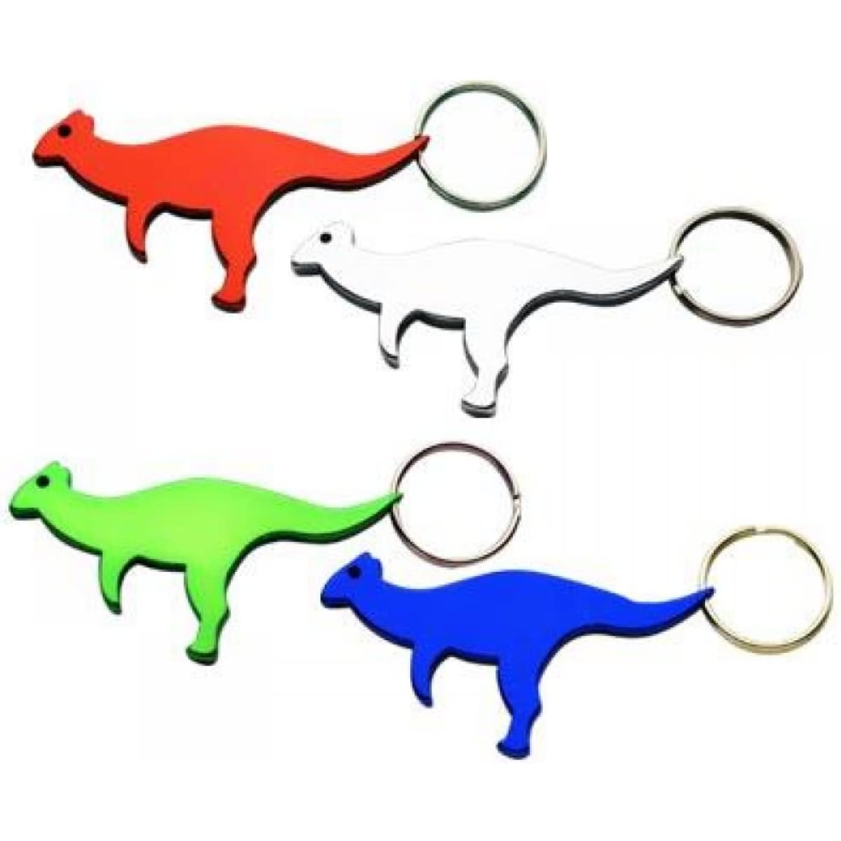 A drink bottle opener in the shape of a kangaroo, available in red, white, green, and blue, with keychain attachments.