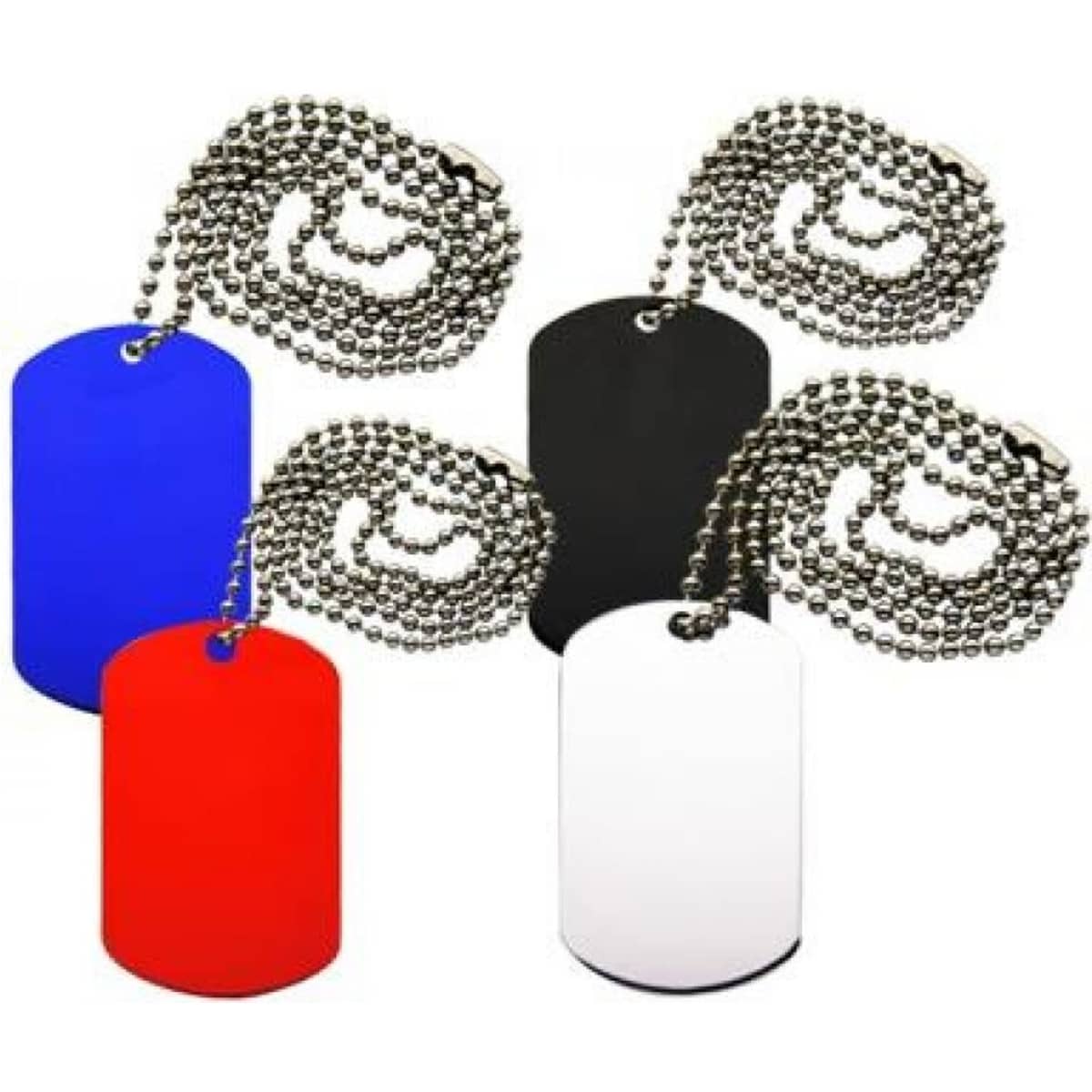 Four dog tag necklaces in red, blue, black, and white, each with a silver ball chain.