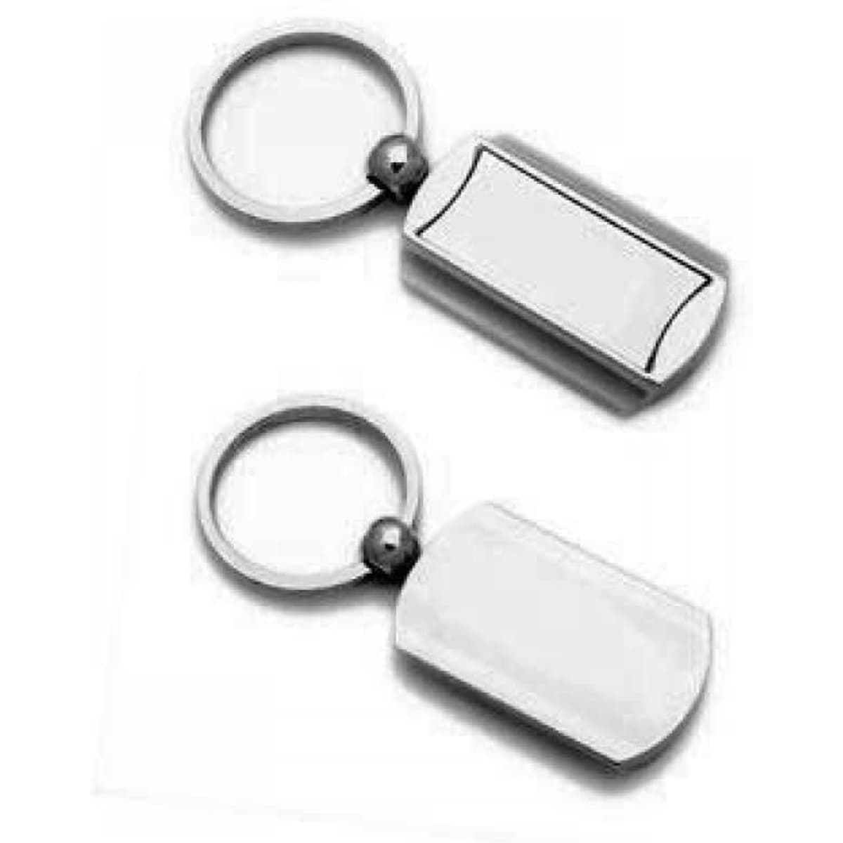 Two metal key rings in silver, featuring minimalist rectangular and rounded designs, with a ring for attachment.