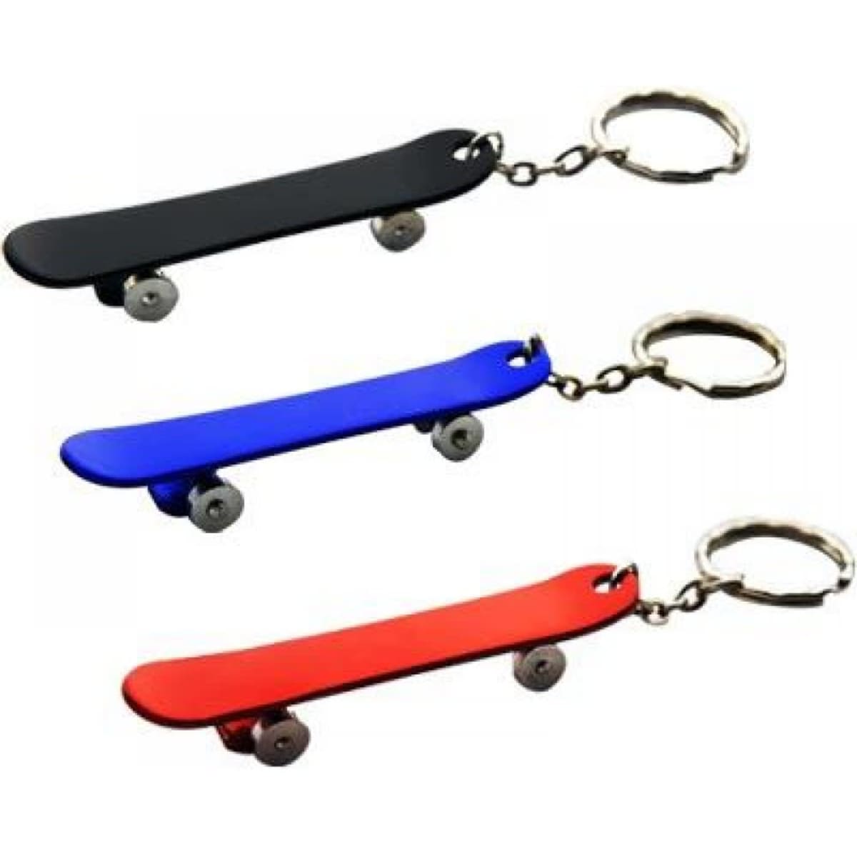 A set of three skateboard key rings in black, blue, and red, each attached to a metal keychain.