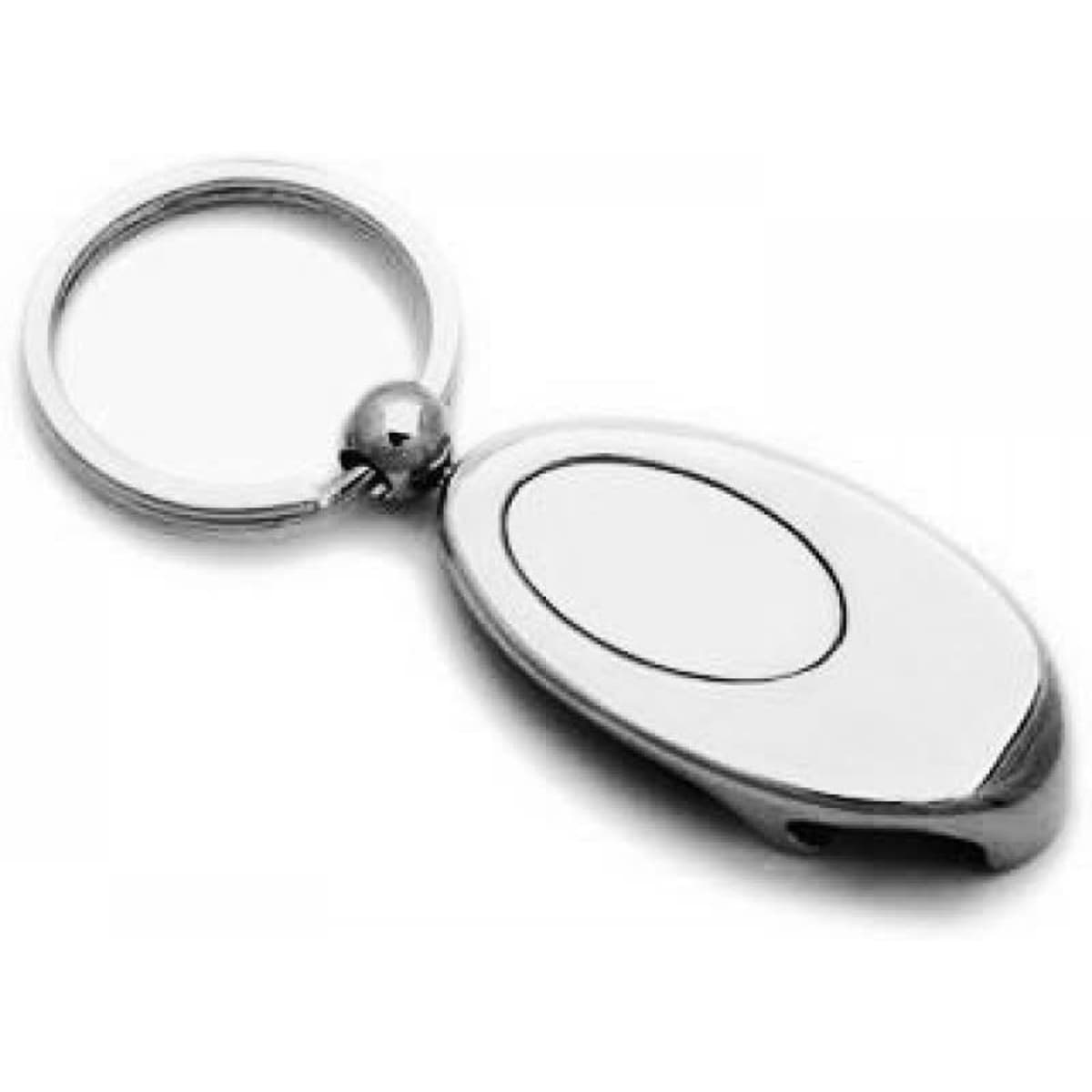 A metal key ring with a smooth silver finish and a circular attachment loop. It has an oval-shaped area for branding.