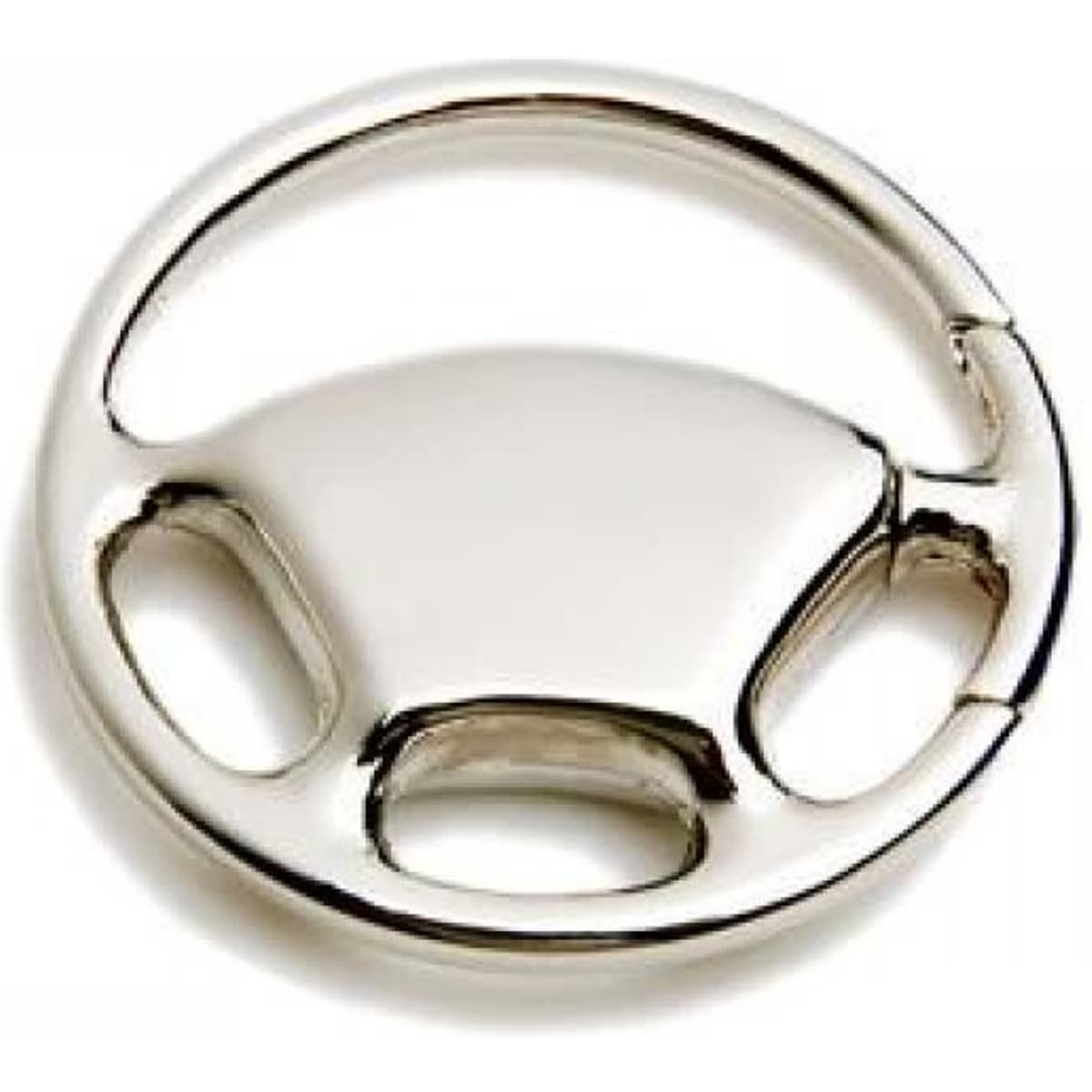 A silver metal key ring shaped like a steering wheel, featuring three openings for key attachment.