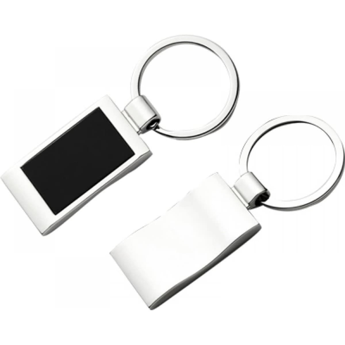 Metal key rings in silver, featuring a rectangular design with a black panel and a smooth finish. Includes a logo.