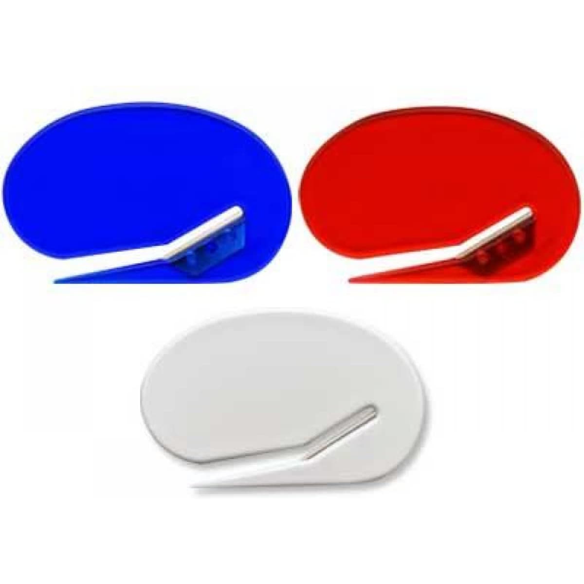 Three oval letter openers in blue, red, and white with a metallic blade and a logo on one side.