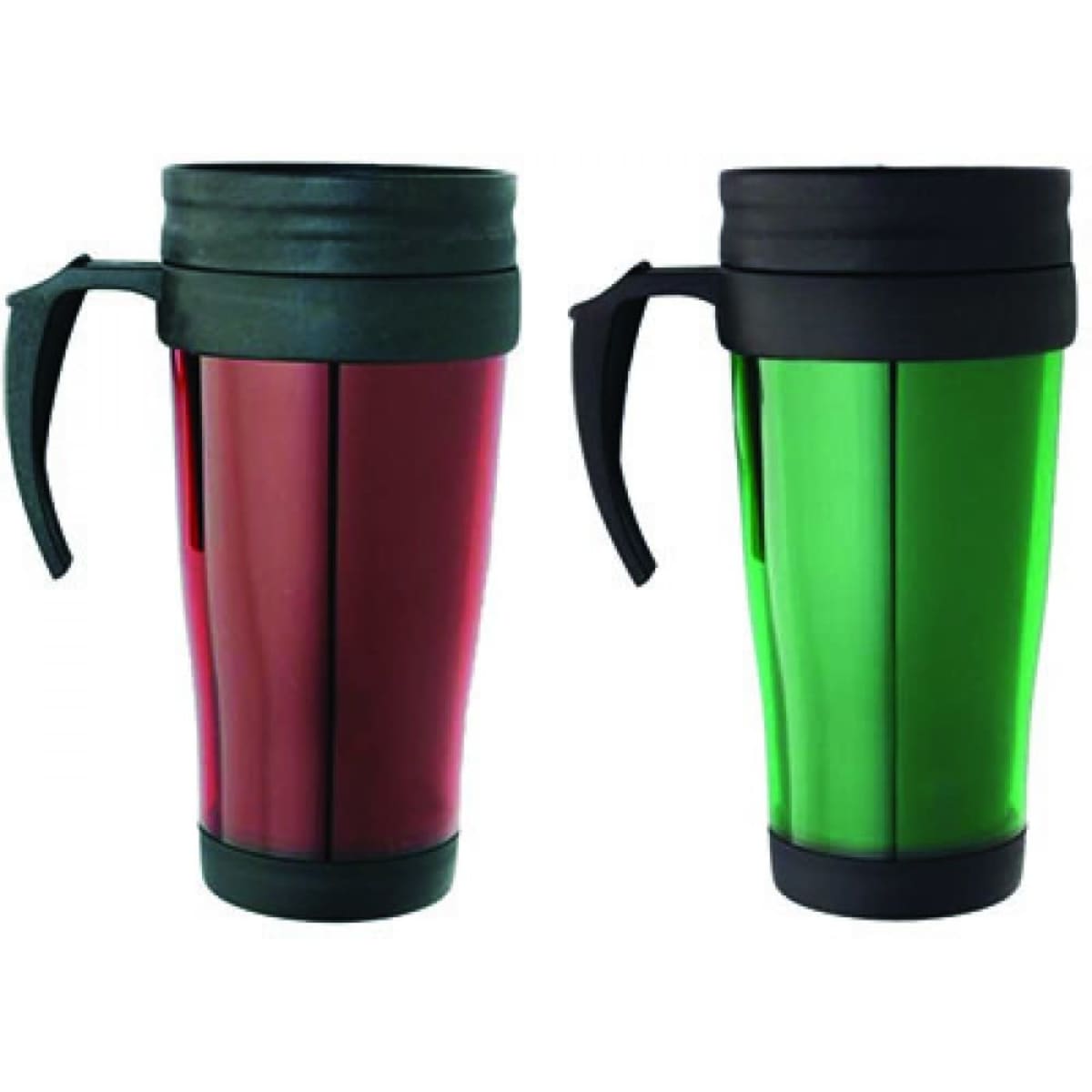 A drink bottle set featuring a red and a green travel mug, both with black lids and handles. Each mug has a logo.