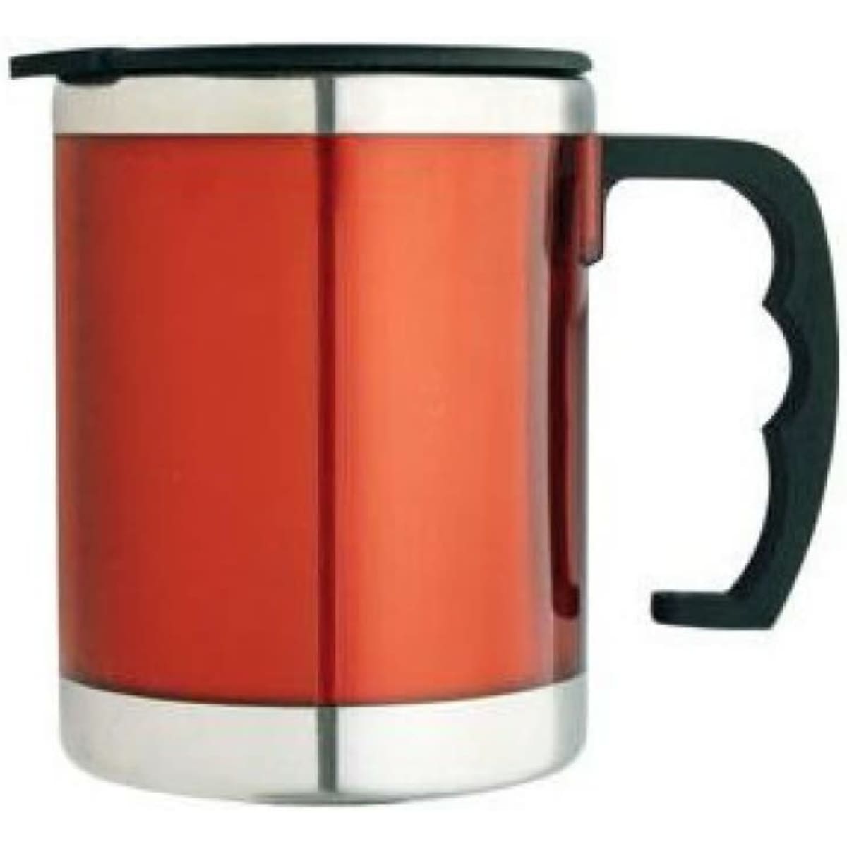 A travel mug in vibrant red with a stainless steel base and a black handle. It has a lid and a sleek design.