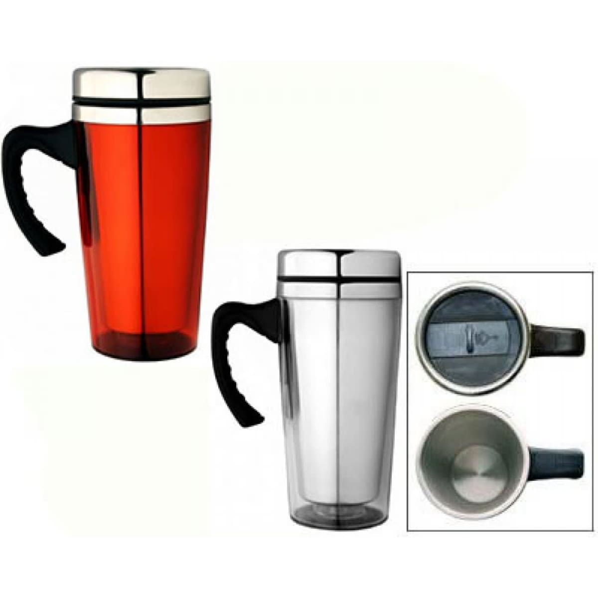 A drink bottle set featuring a red and a clear mug with a black handle and a silver lid. One mug shows the interior design.