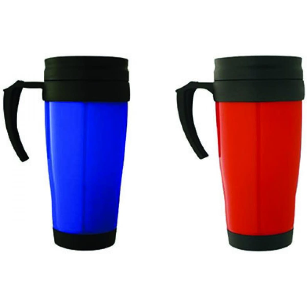 A drink bottle set featuring a blue and a red travel mug, both with black lids and handles.