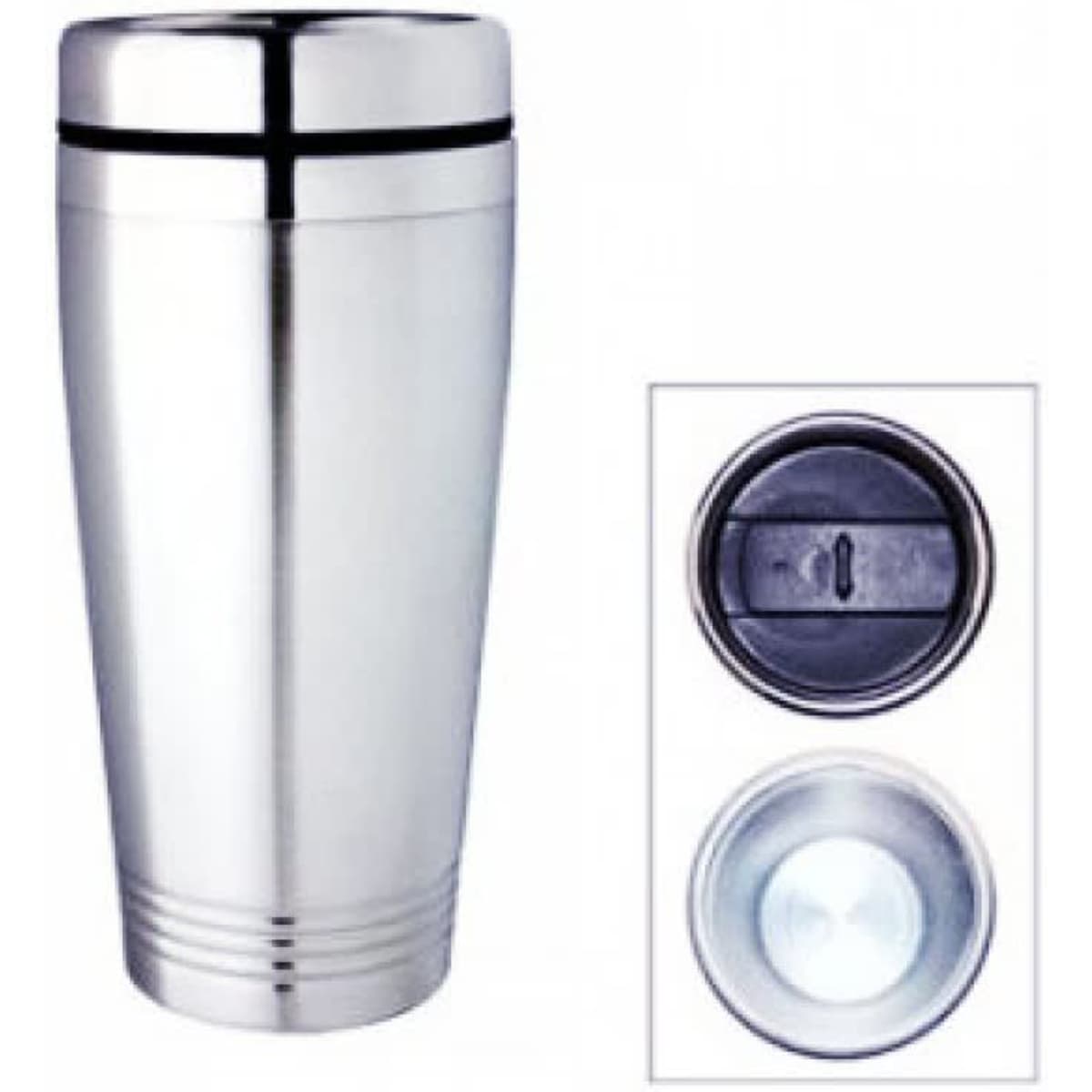 A stainless steel travel mug with a shiny finish and a black lid, featuring a logo on the side.