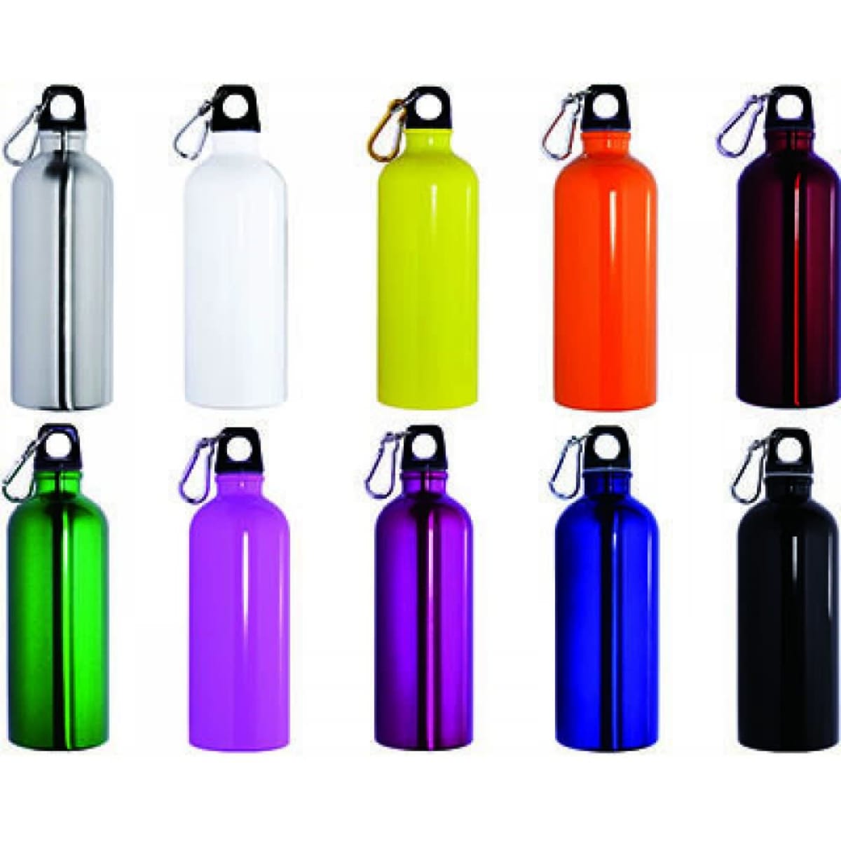 A drink bottle collection featuring stainless steel designs in various colours: silver, white, yellow, orange, green, purple, black, and blue.