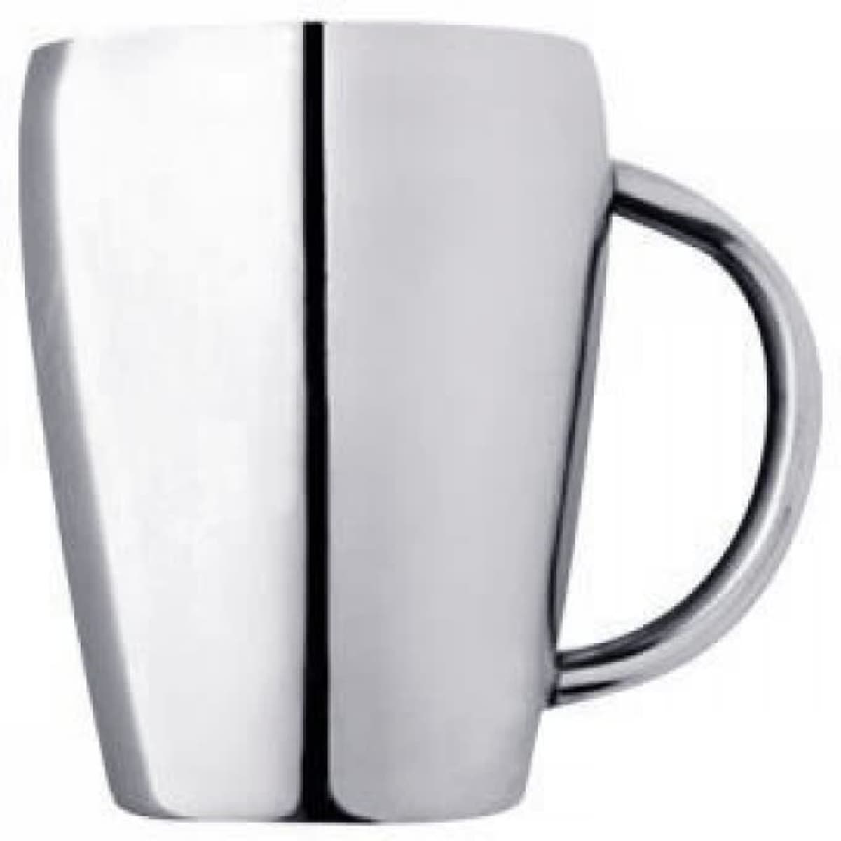 A sleek, silver coffee mug with a modern design and a curved handle. It features a shiny, reflective surface.