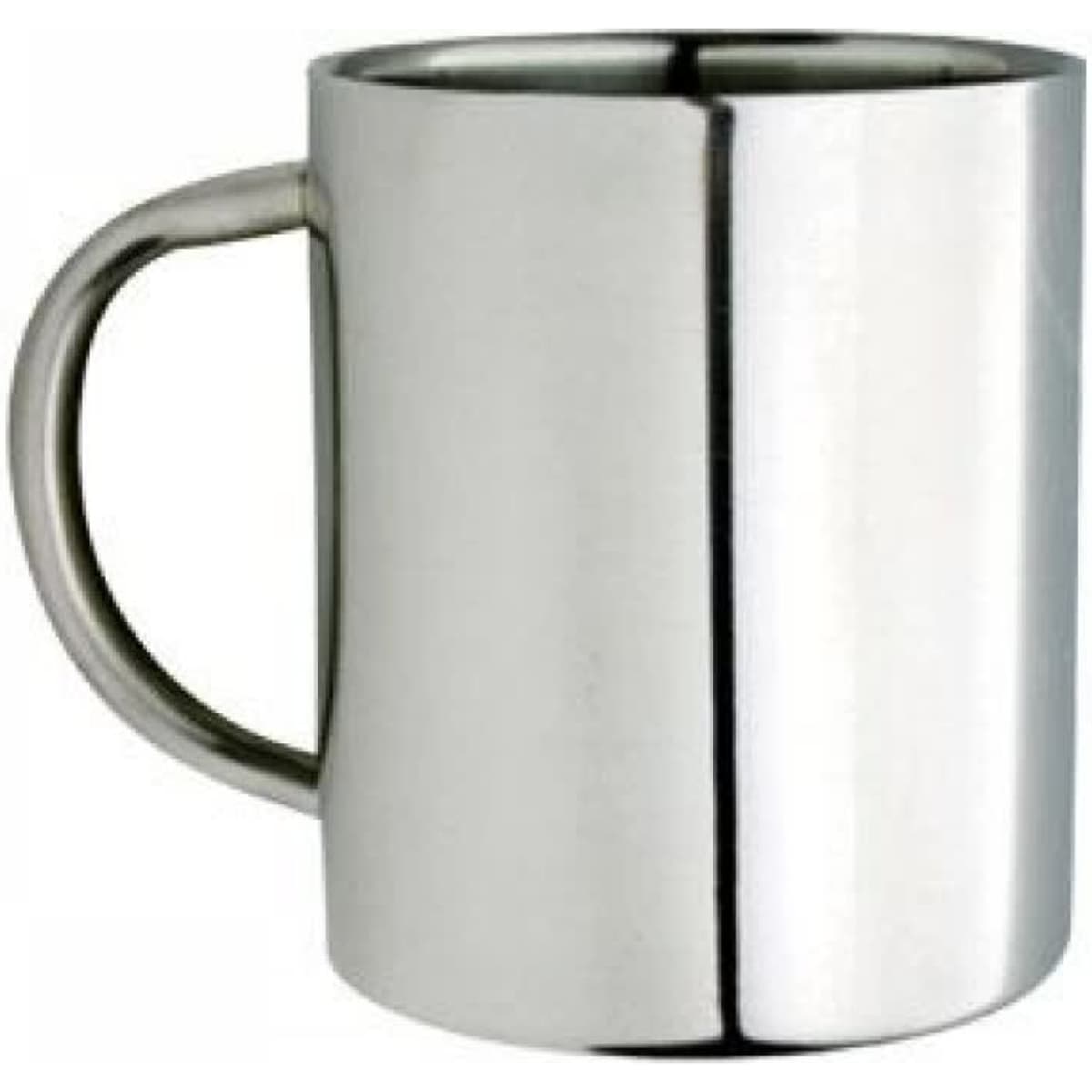 A stainless steel coffee mug with a sleek design and a single handle. It has a reflective surface and no branding.