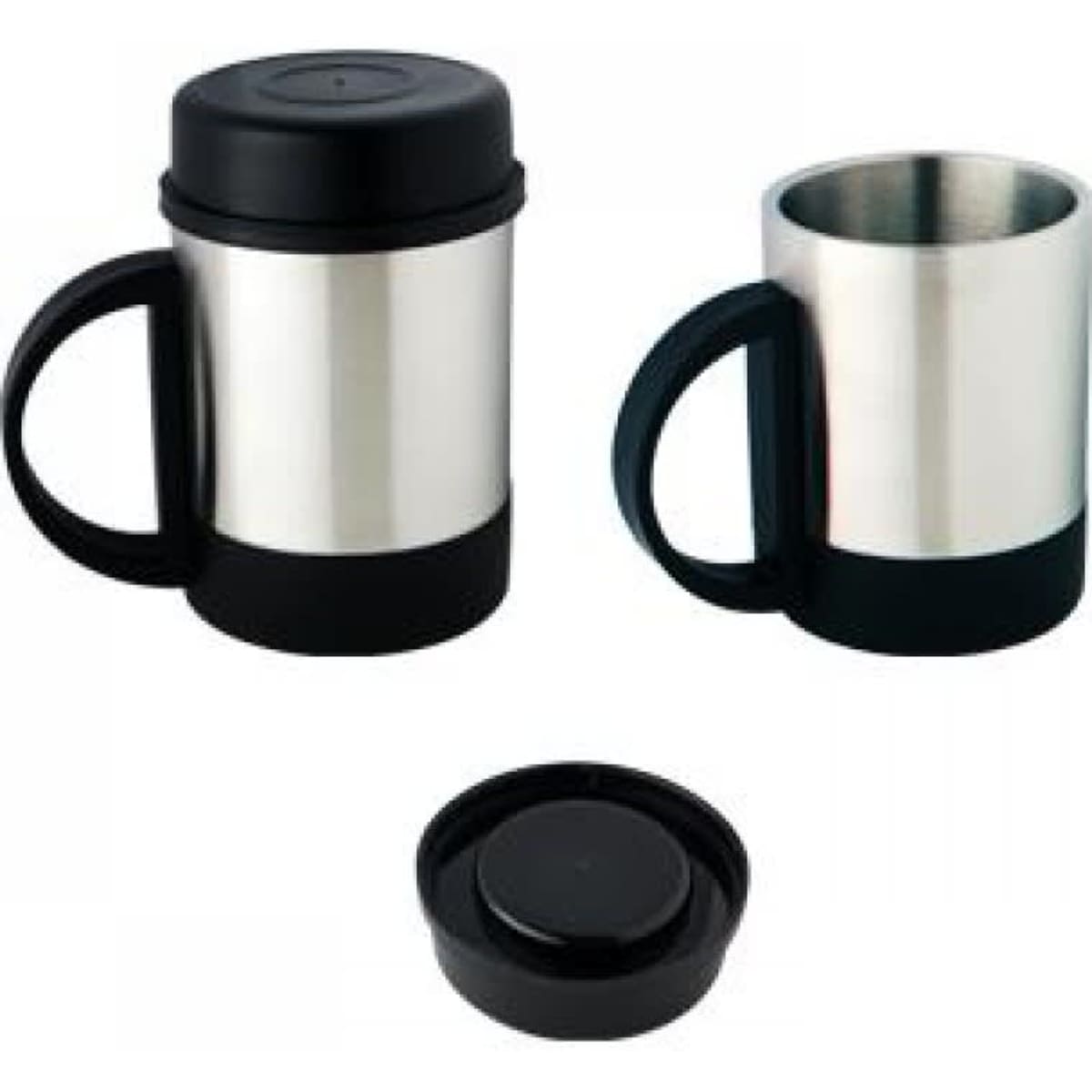 A set of stainless steel coffee mugs with black handles and bottoms, featuring one with a lid.