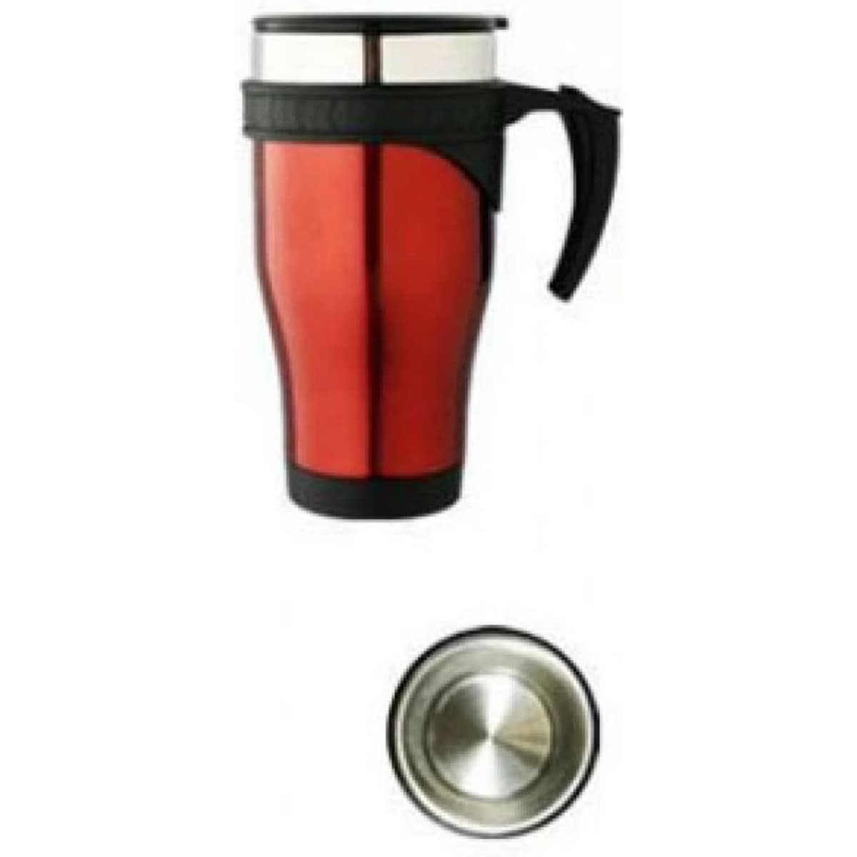 A red travel mug with a black handle and base, featuring a stainless steel inner section. It has a branded logo.