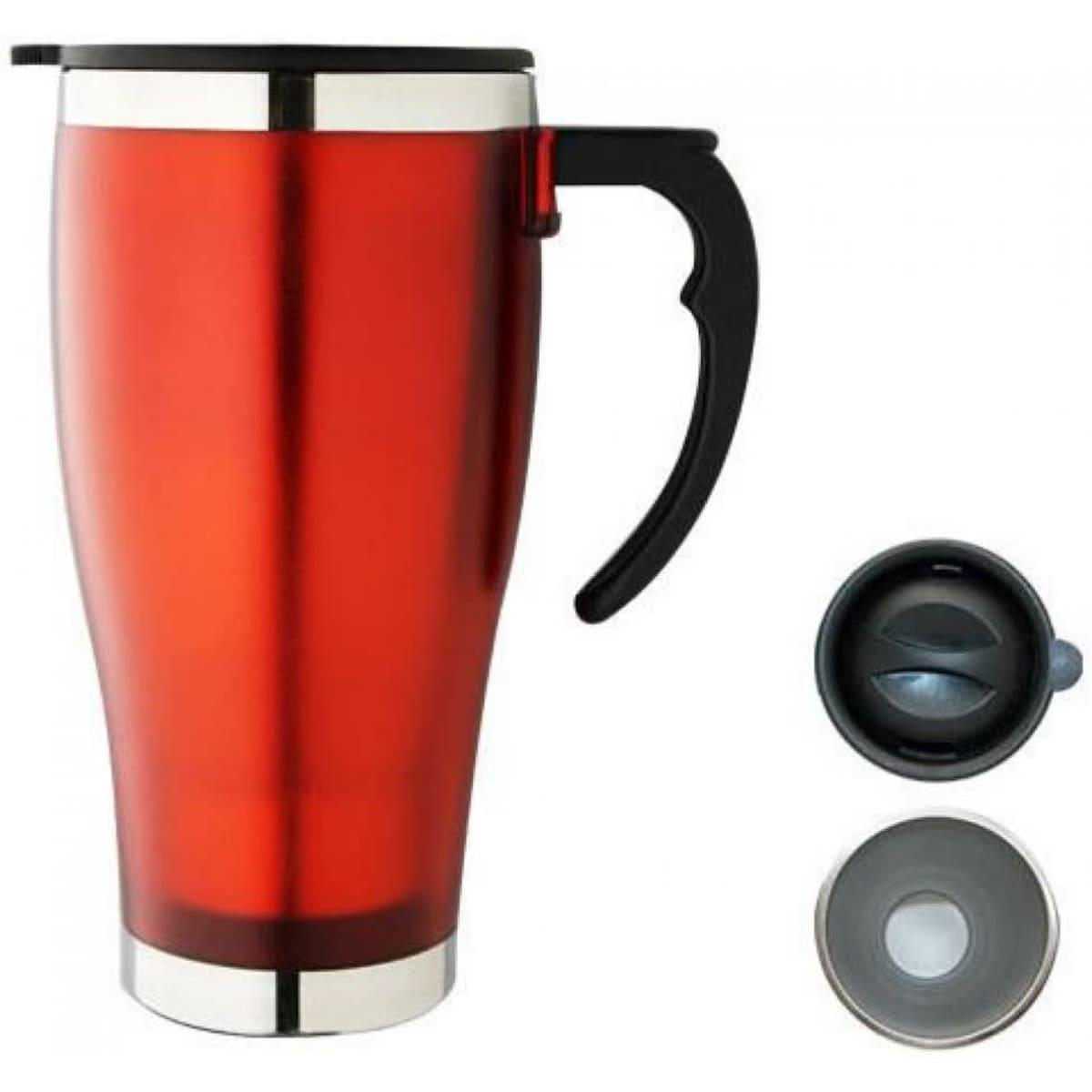 A drink bottle with a red body, stainless steel trim, and a black handle, featuring two interchangeable lids.