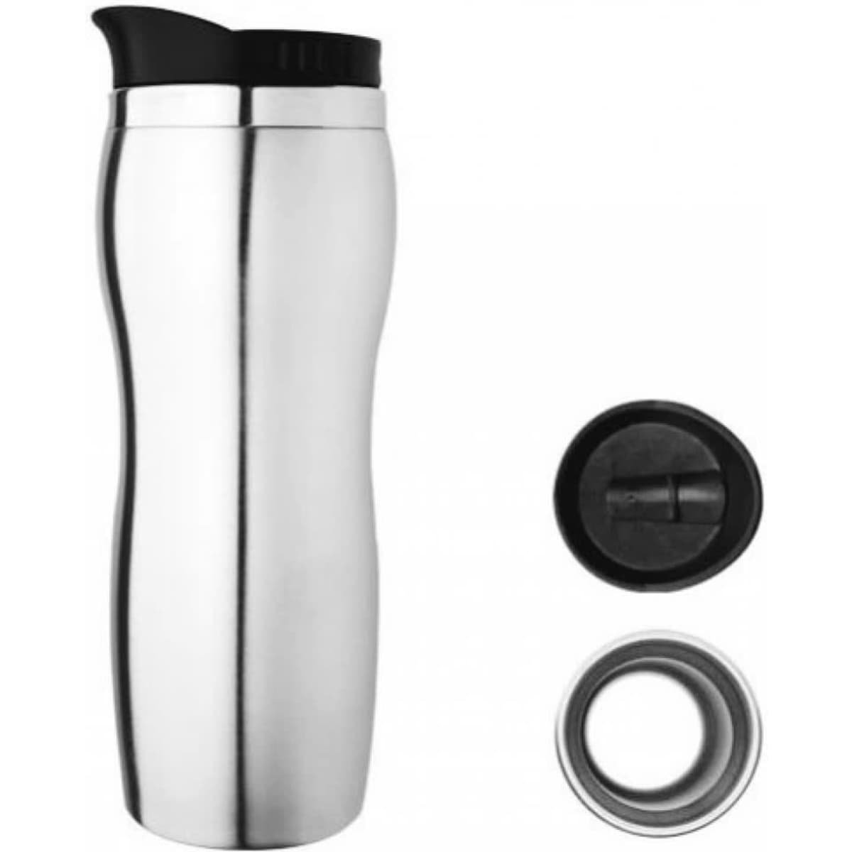A stainless steel travel mug with a black lid and two interchangeable tops.