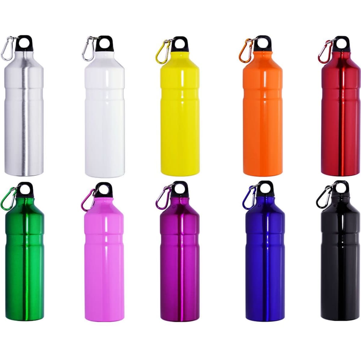 A drink bottle collection featuring aluminium bottles in silver, white, yellow, orange, green, purple, pink, and blue, each with a carabiner.