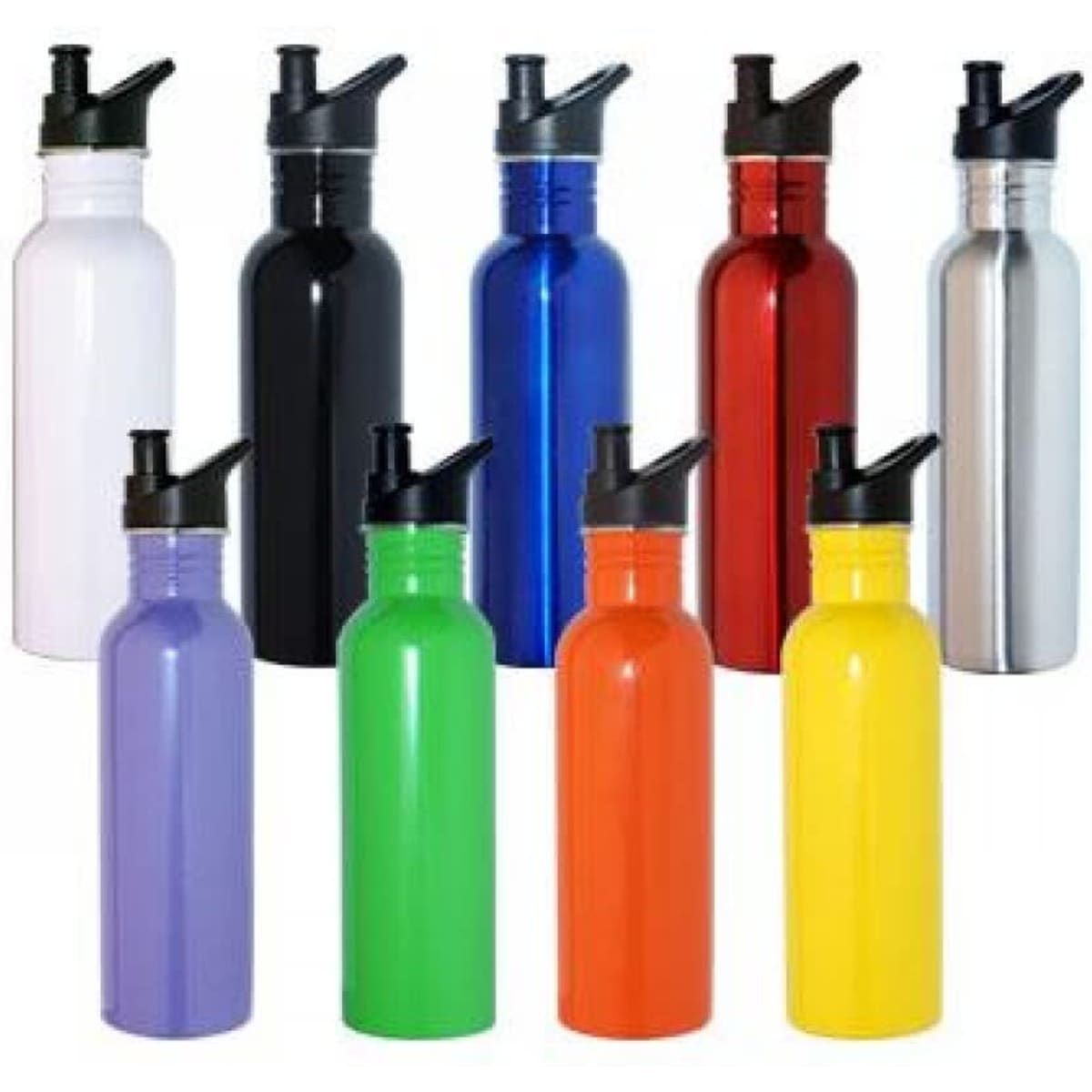 A drink bottle collection featuring ten 750ml stainless steel bottles in various colours: white, black, blue, red, silver, purple, green, orange, and yellow. Each bottle has a logo.