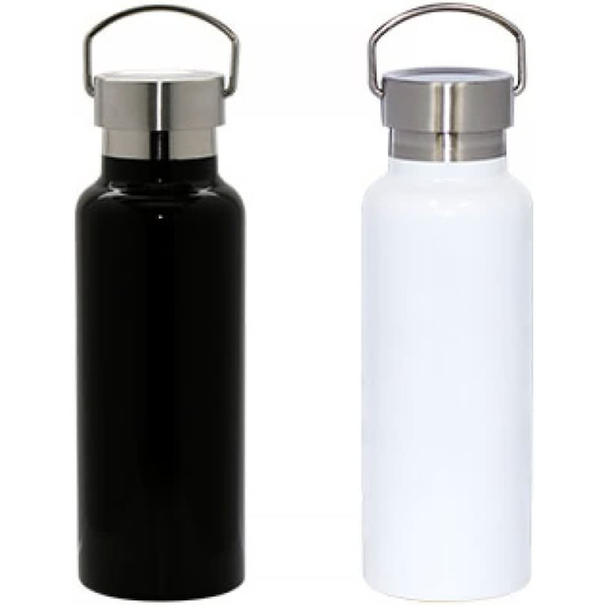 A drink bottle set featuring a black and a white 550ml vacuum insulated bottle with stainless steel caps and handles.