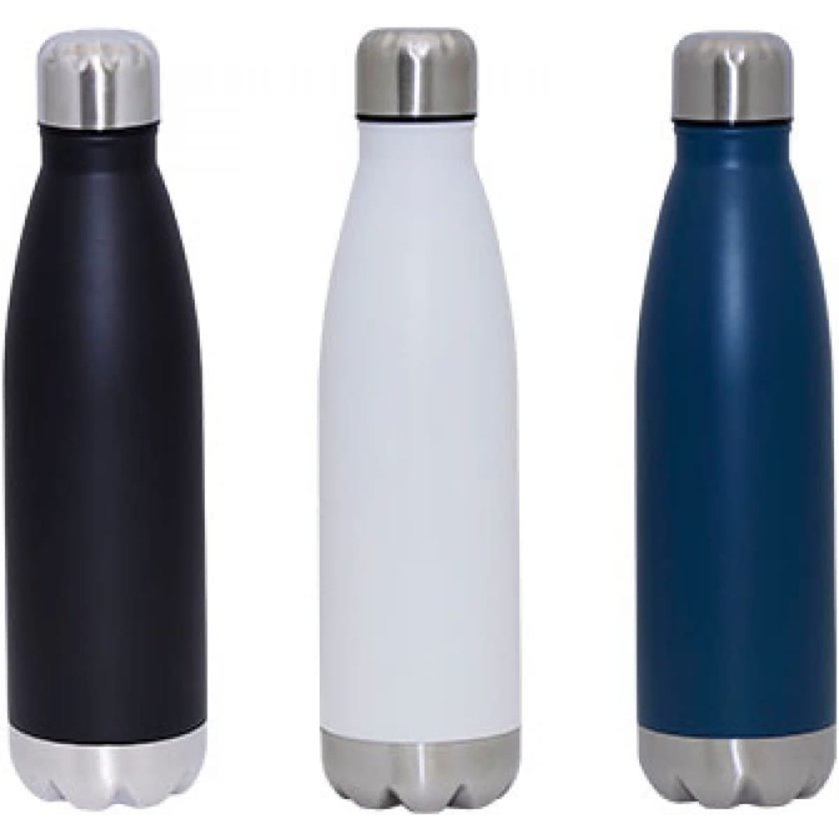 A drink bottle set featuring three vacuum insulated bottles in black, white, and teal, with stainless steel caps.