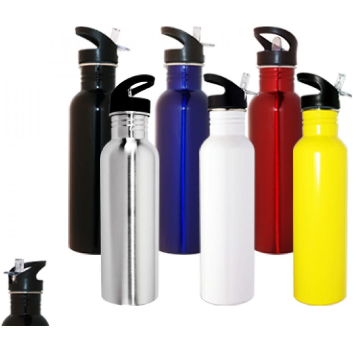 A drink bottle collection featuring 800ml stainless steel bottles in black, silver, blue, red, white, and yellow with black lids.