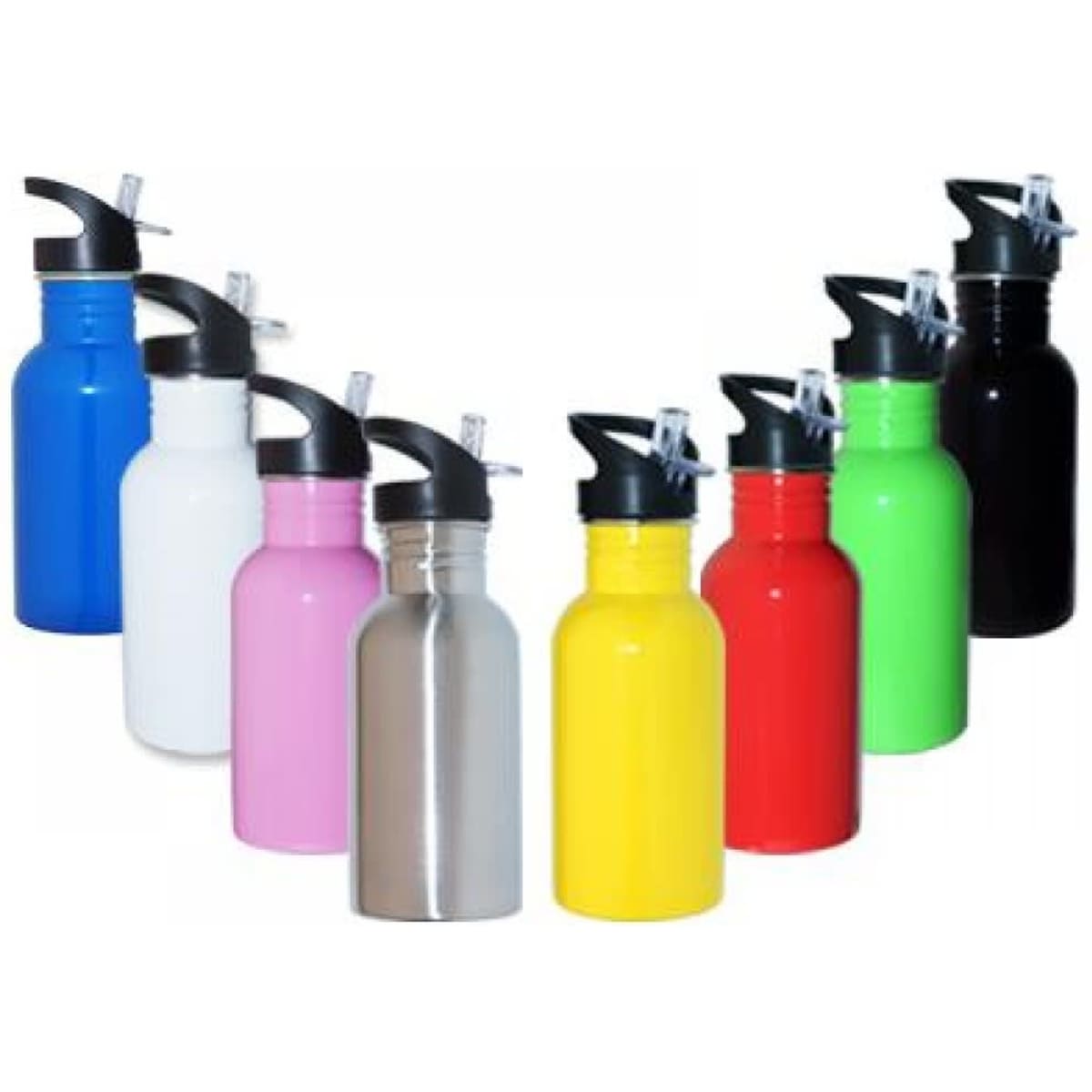 A drink bottle collection featuring blue, white, pink, silver, yellow, red, green, and black stainless steel bottles with spouts.