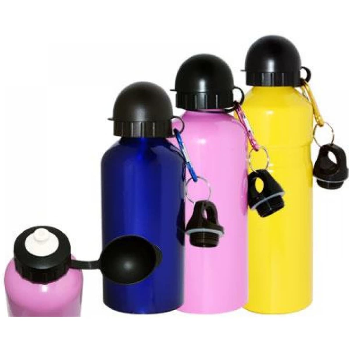 A drink bottle trio in pink, blue, and yellow, featuring black lids and caps, with a keyring attachment on each.