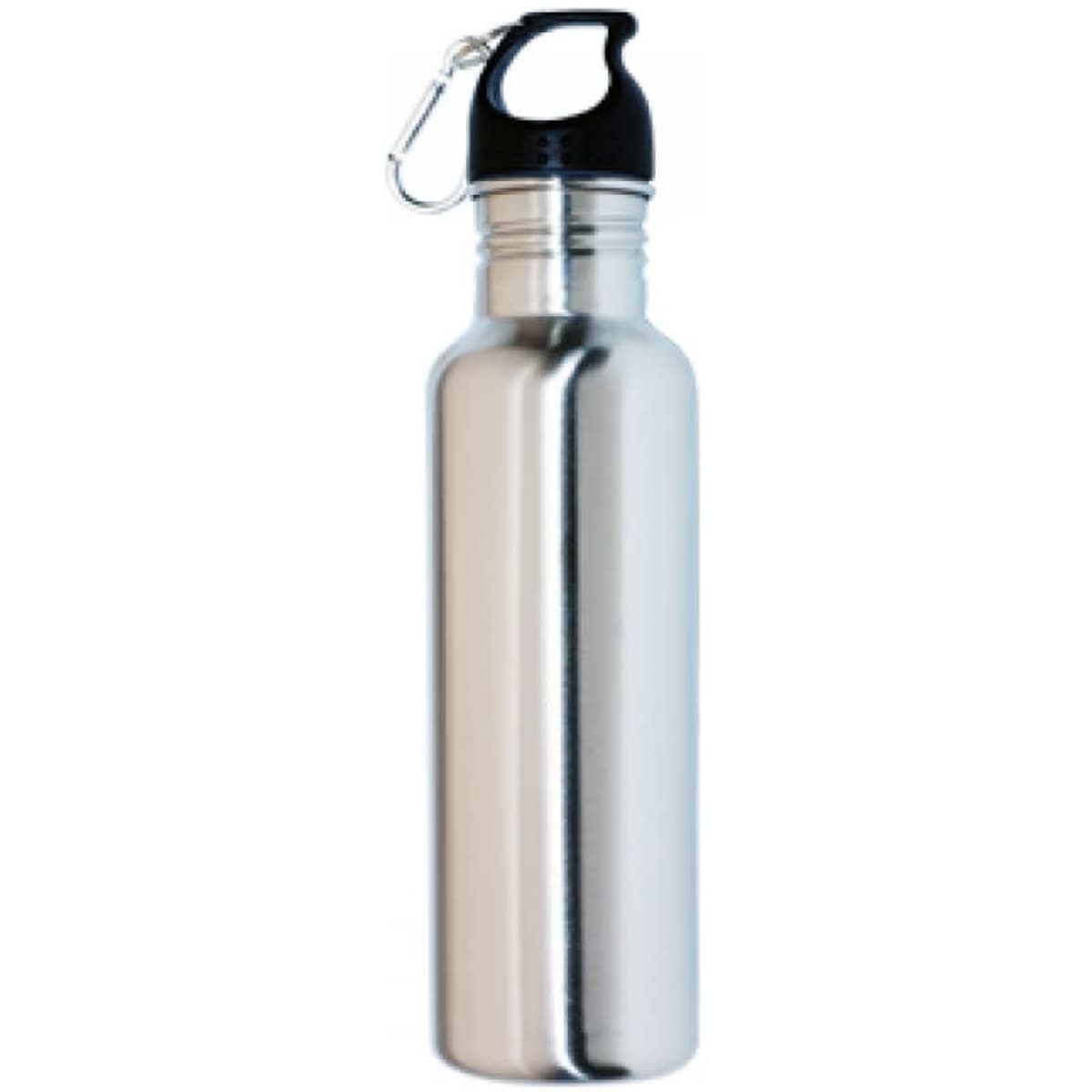 A drink bottle made of stainless steel, featuring a sleek silver finish and a black cap with a carabiner.