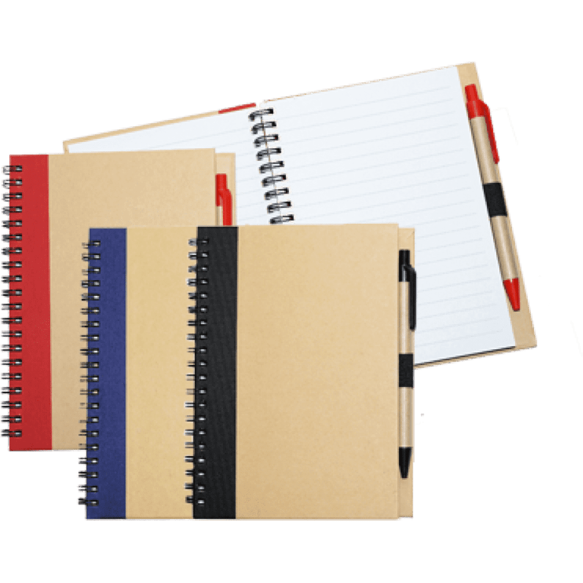 A set of spiral-bound notebooks in red, blue, and brown, featuring black bands and a pen.