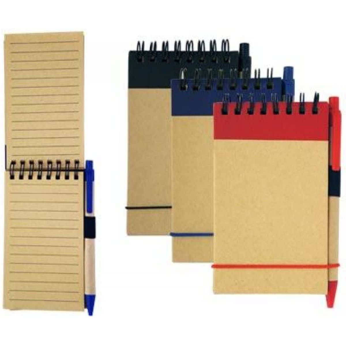 Recycled jotter pads in various colours with spiral binding and a pen included. A logo is present on the pads.