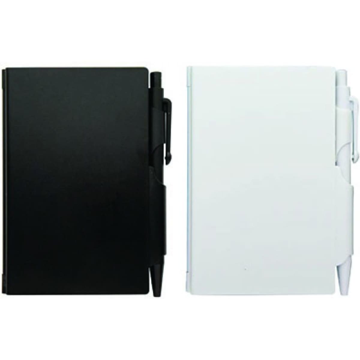 A pocket notebook with a pen, available in black and white, featuring a slot for the pen and a logo.