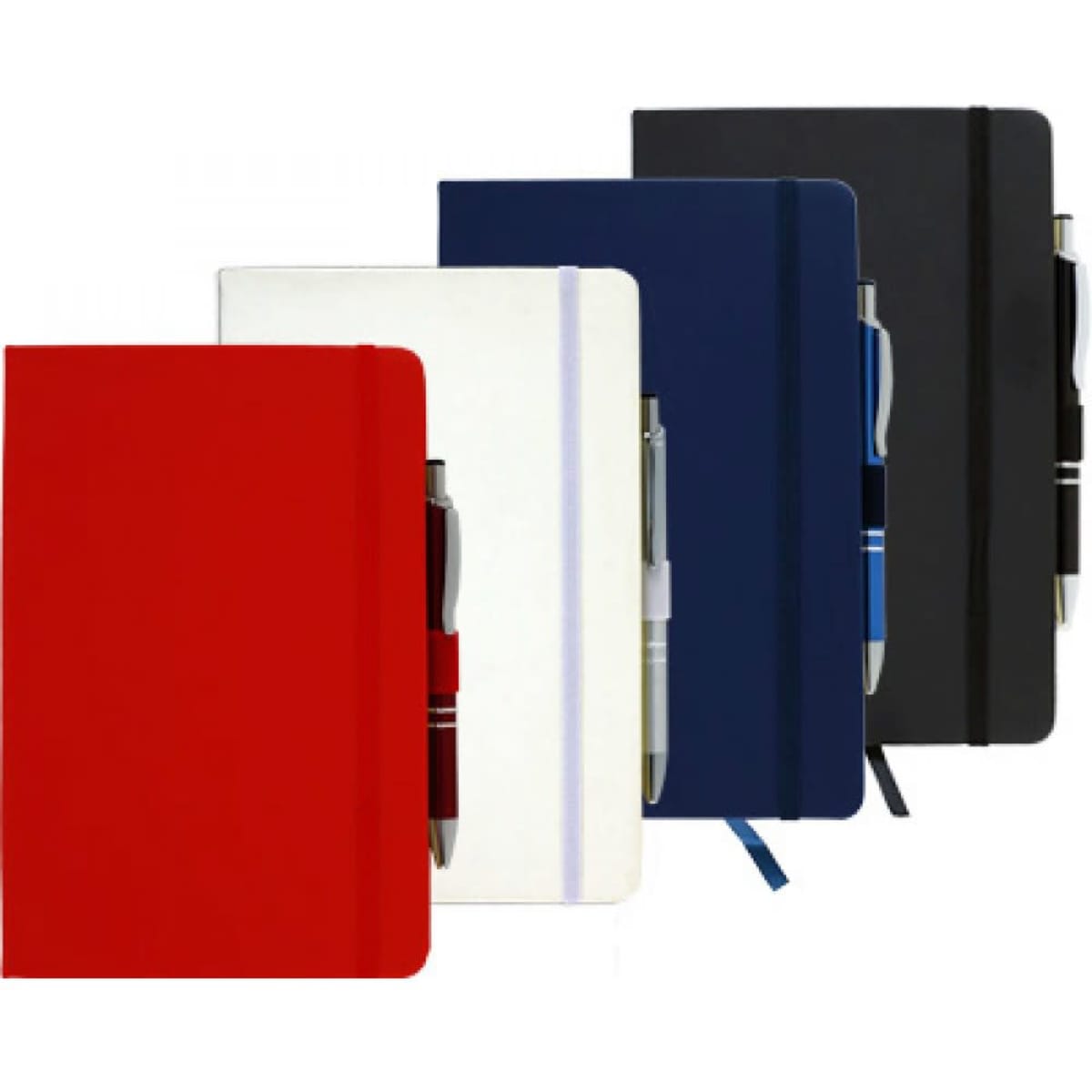 Four soft-touch leather-look journals in red, white, navy, and black, each with a pen and an elastic closure.