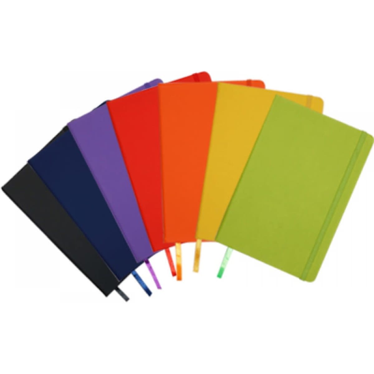 A collection of soft-touch leather look journals in various colours, including black, purple, red, orange, yellow, and green.