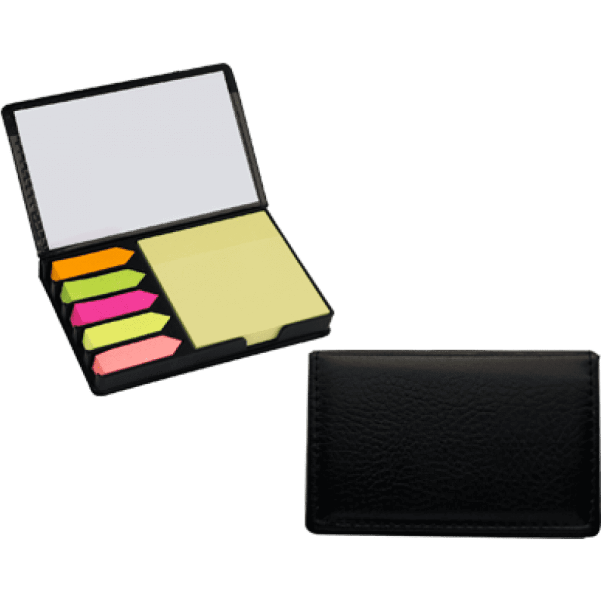 A black notepad with sticky flags in pink, orange, yellow, and green inside, and a black leather cover.