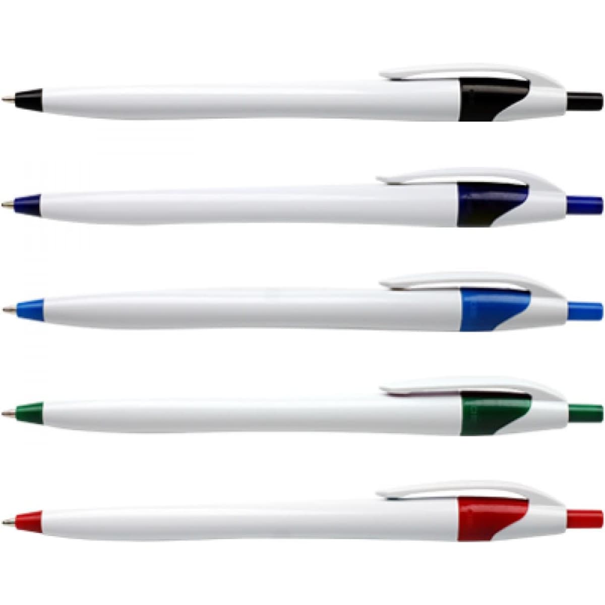 Four Javelin pens in white, featuring black, blue, green, and red ink, displayed with a logo.