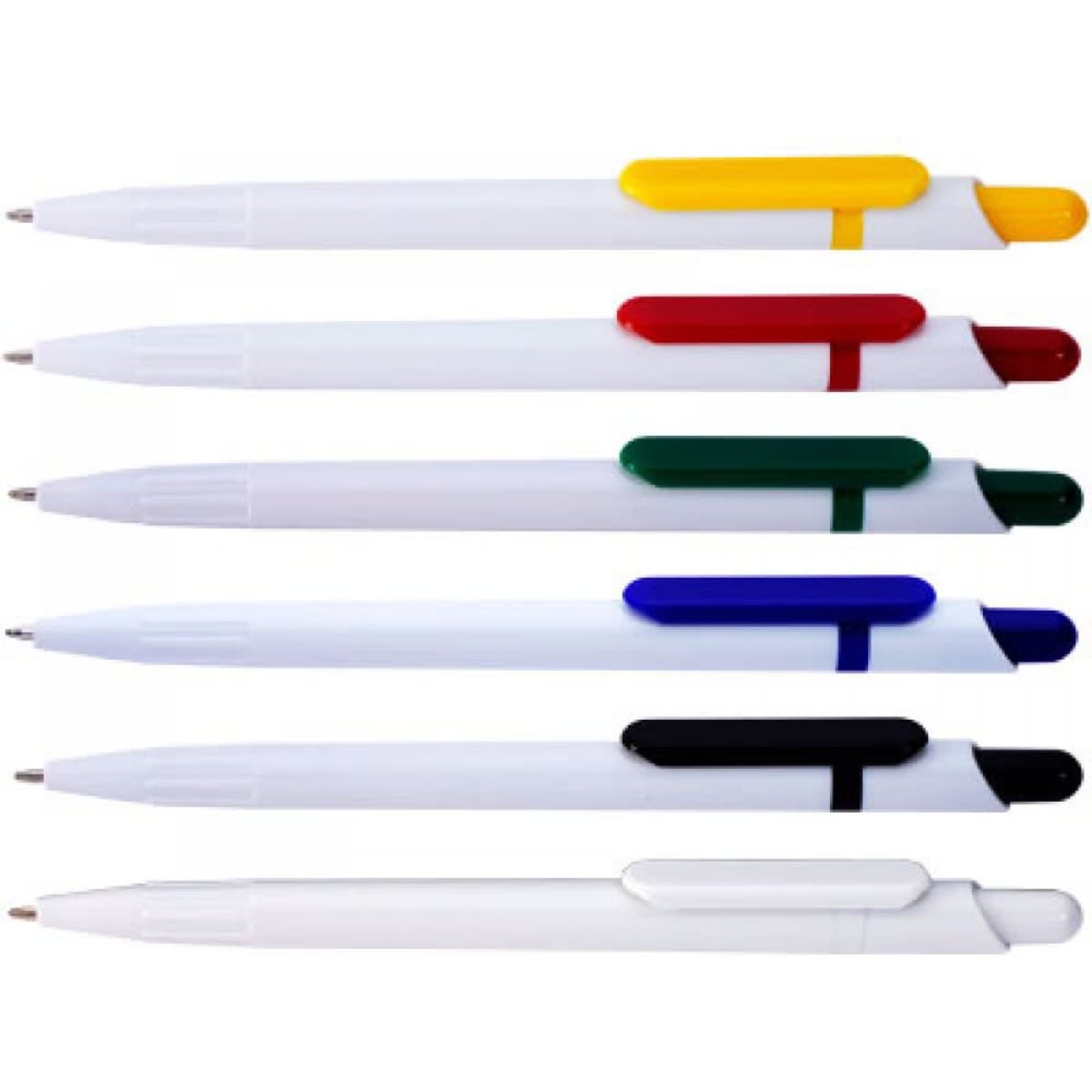 A set of six Cool Click Pens in various colours: yellow, red, green, blue, black, and a white body with coloured clips.