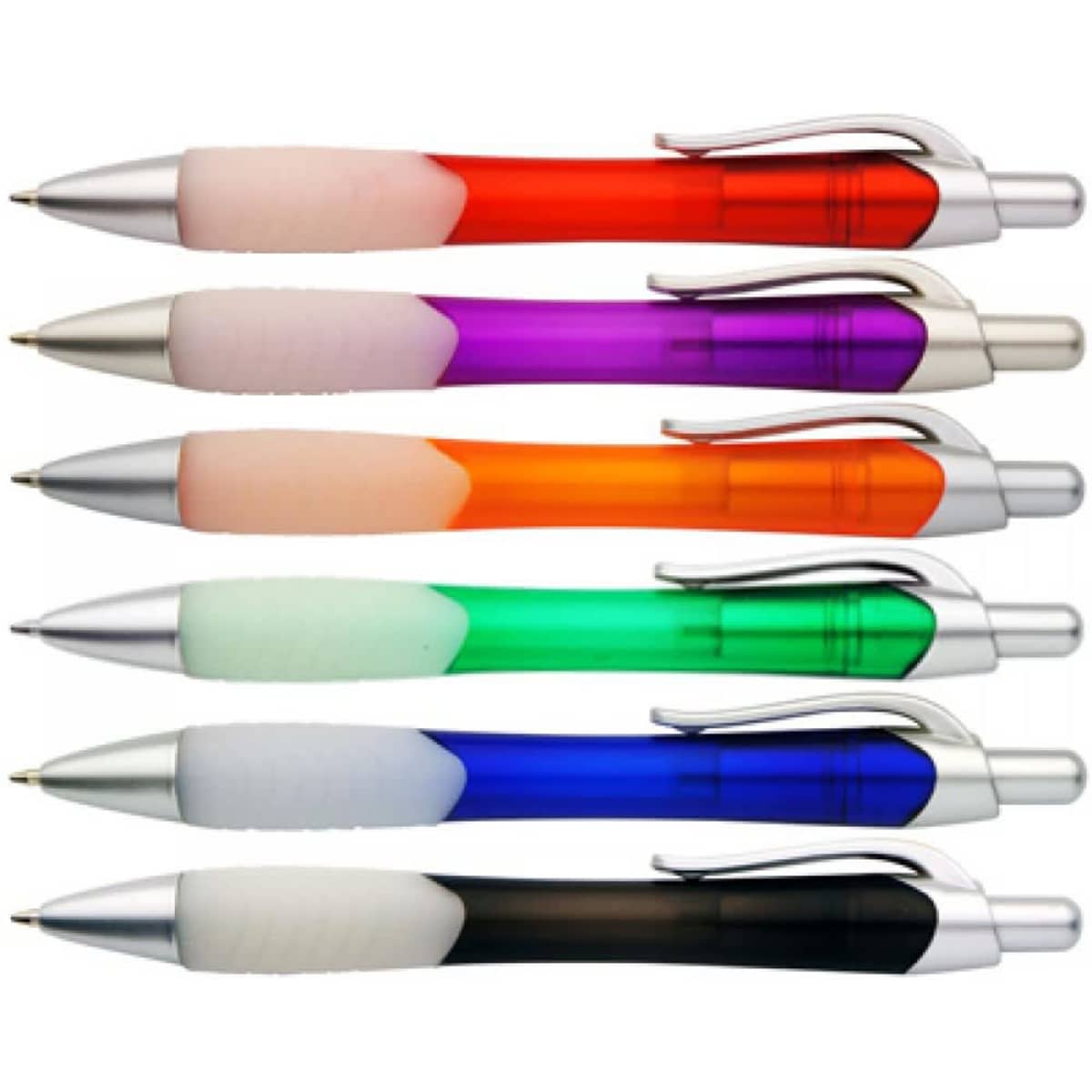 A collection of six pens in red, purple, orange, green, blue, and black with white grips and silver clips.