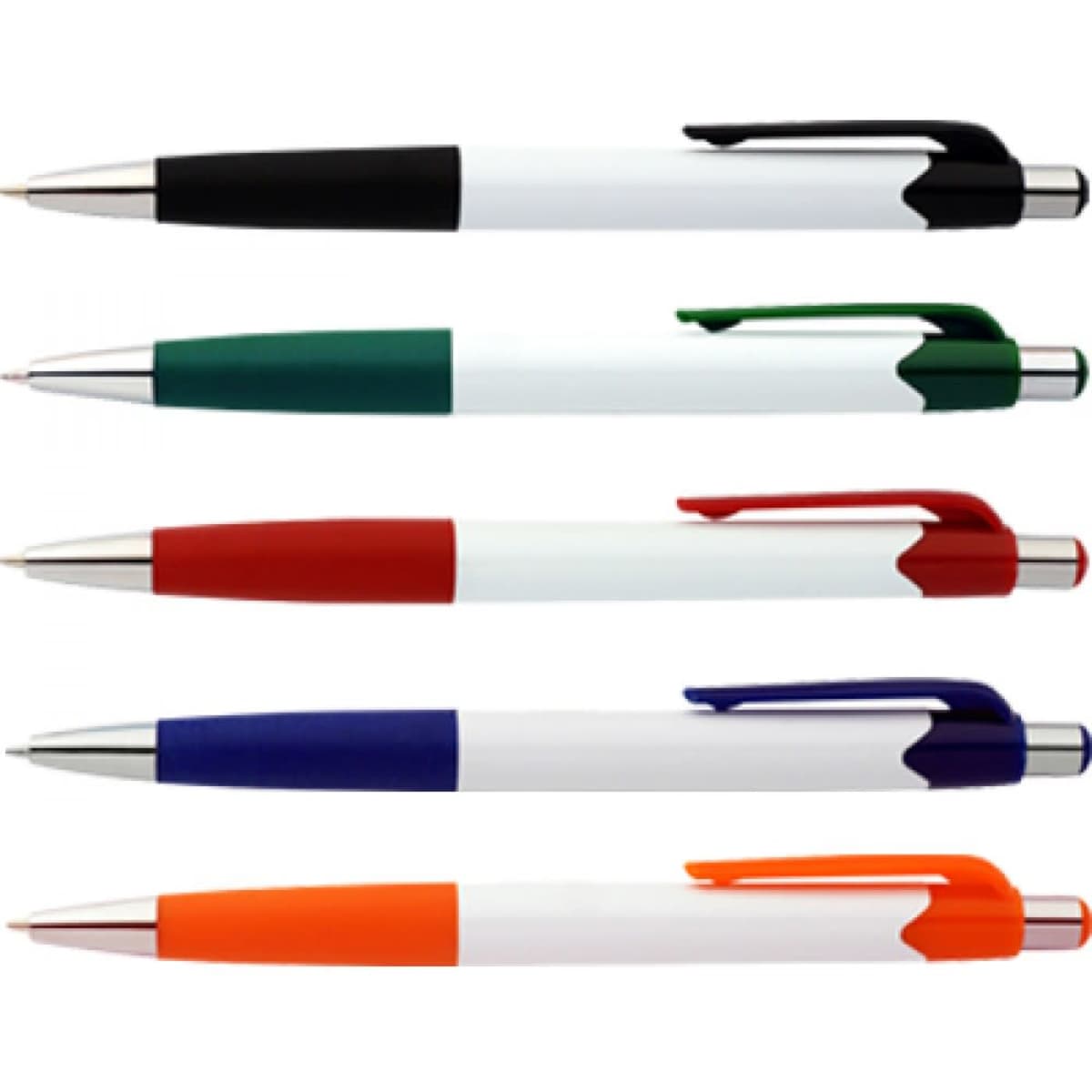 Five pens in various colours: black, green, red, blue, and orange, with white barrels and a small logo on each.
